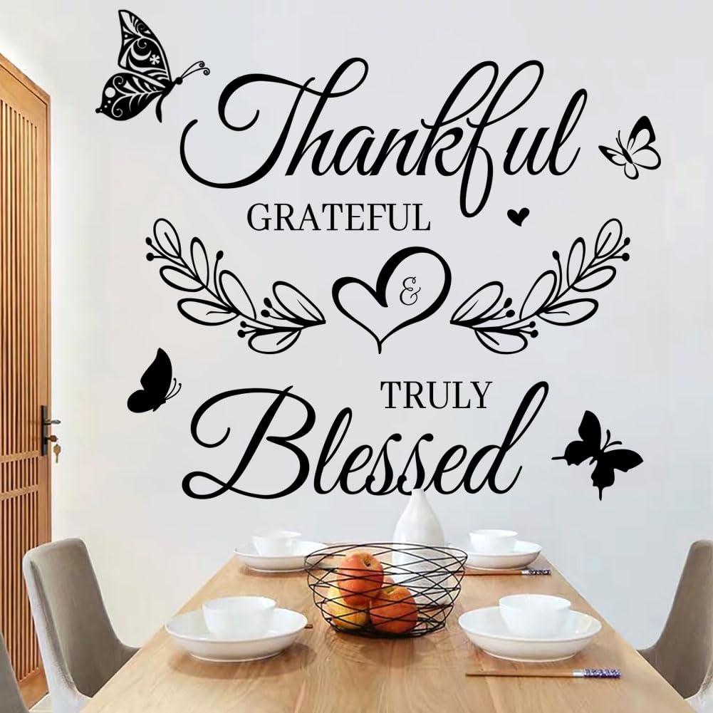 Inspirational Quote Wall Decal - Thankful Grateful Blessed Vinyl Lettering Stickers for Home Decor, Living Room, TV Background - Perfect for Farmhouse, Bedroom & Office Wall Art