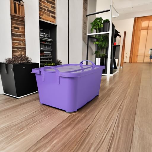 55 Qt Stackable Plastic Storage Bins with Lids - 12 Pack Purple for Organizing Closet, Pantry & Garage | Durable Clear Containers for Home Organization