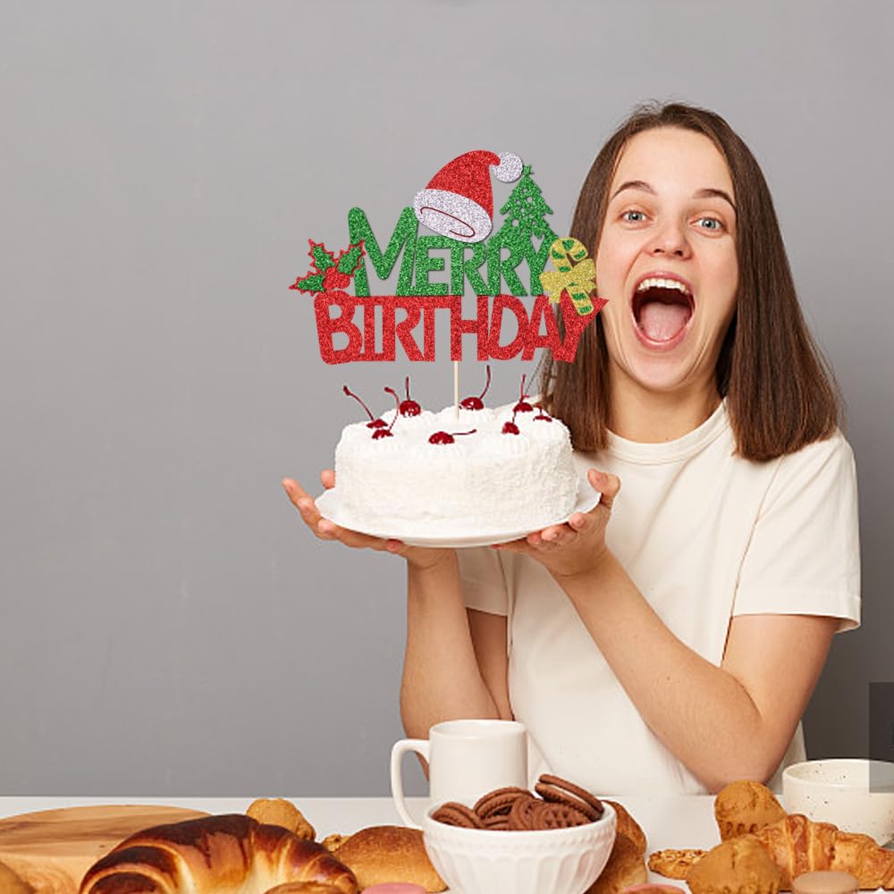 Merry Birthday Cake Topper - Red & Green Glitter Christmas Cake Decorations for Holiday Parties | Christmas, New Year & Winter Celebration Supplies | Perfect for Birthday Cakes, Christmas Desserts & Festive Gatherings