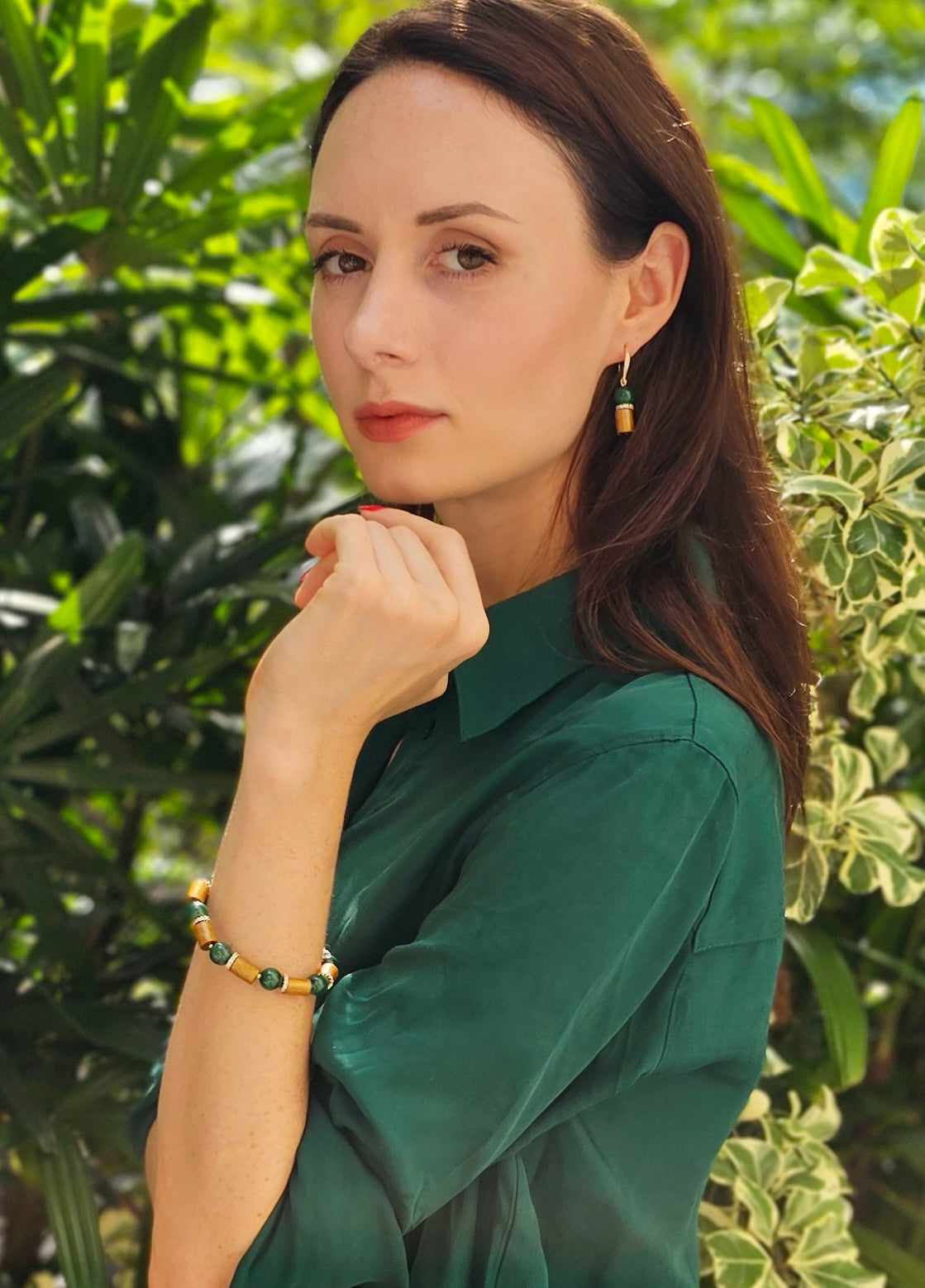 Golden Coral and Malachite Dangle Earrings NE033 - Elegant Handmade Jewelry for Women, Perfect for Parties, Weddings & Special Occasions
