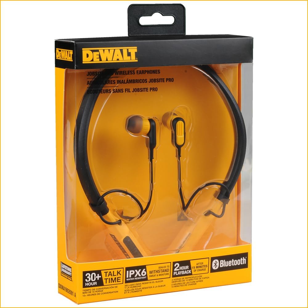 DEWALT Wireless Bluetooth Neckband Headphones - 30H Battery Life, Magnetic Noise-Isolating Earbuds, Built-in Mic for Clear Calls - Perfect for Construction Sites, Workouts & Commuting