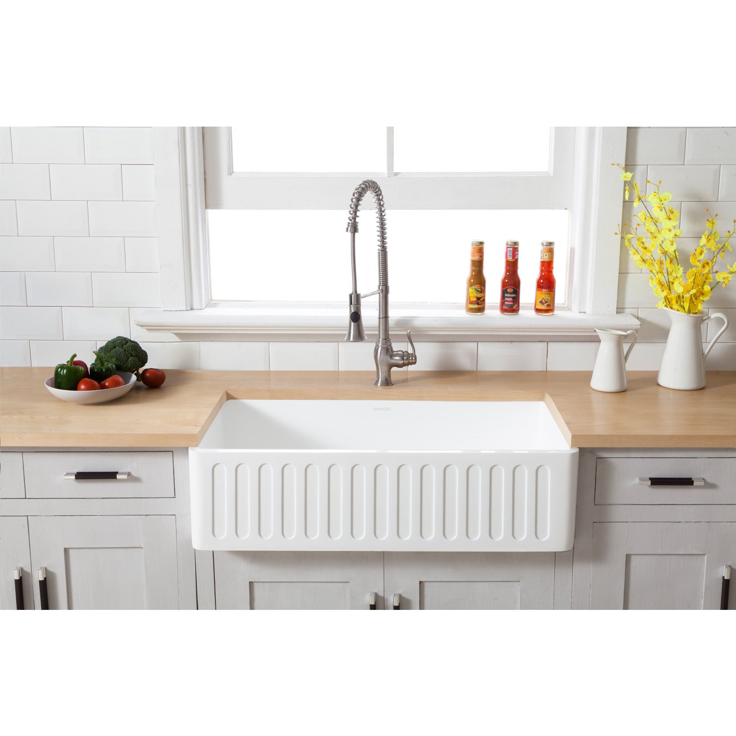Arcticstone 36 Inch White Farmhouse Kitchen Sink - Matte White Solid Surface Single Bowl Apron Front Sink with Strainer - Perfect for Modern Farmhouse & Rustic Kitchen Designs