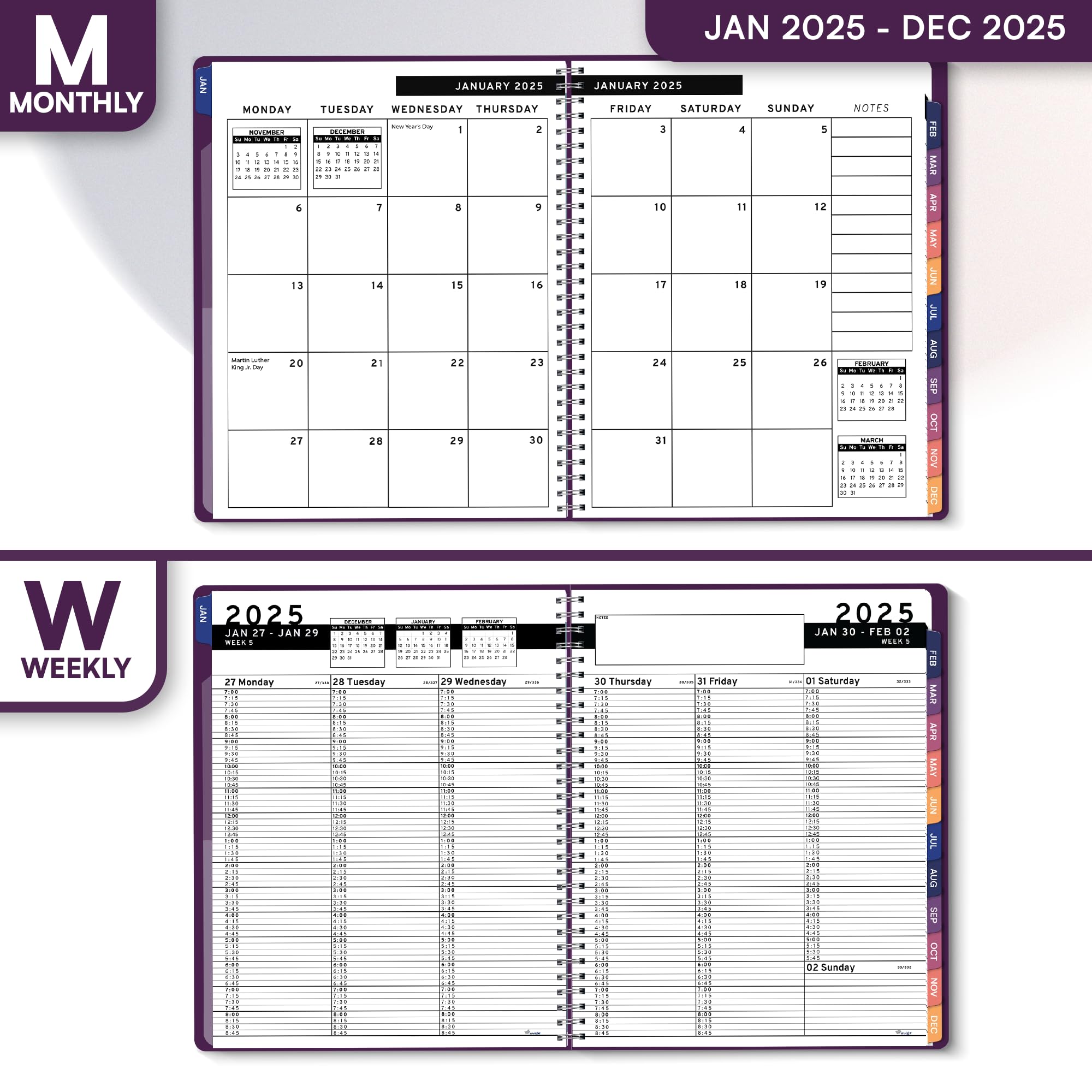 2025 Daily Planner with 15-Minute Time Slots - 8.5 x 11 Inch Large Tabbed Weekly & Monthly Calendar Organizer for Business & Personal Use (Jan-Dec 2025, Purple) - Perfect for Office Professionals, Students, and Time Management Enthusiasts