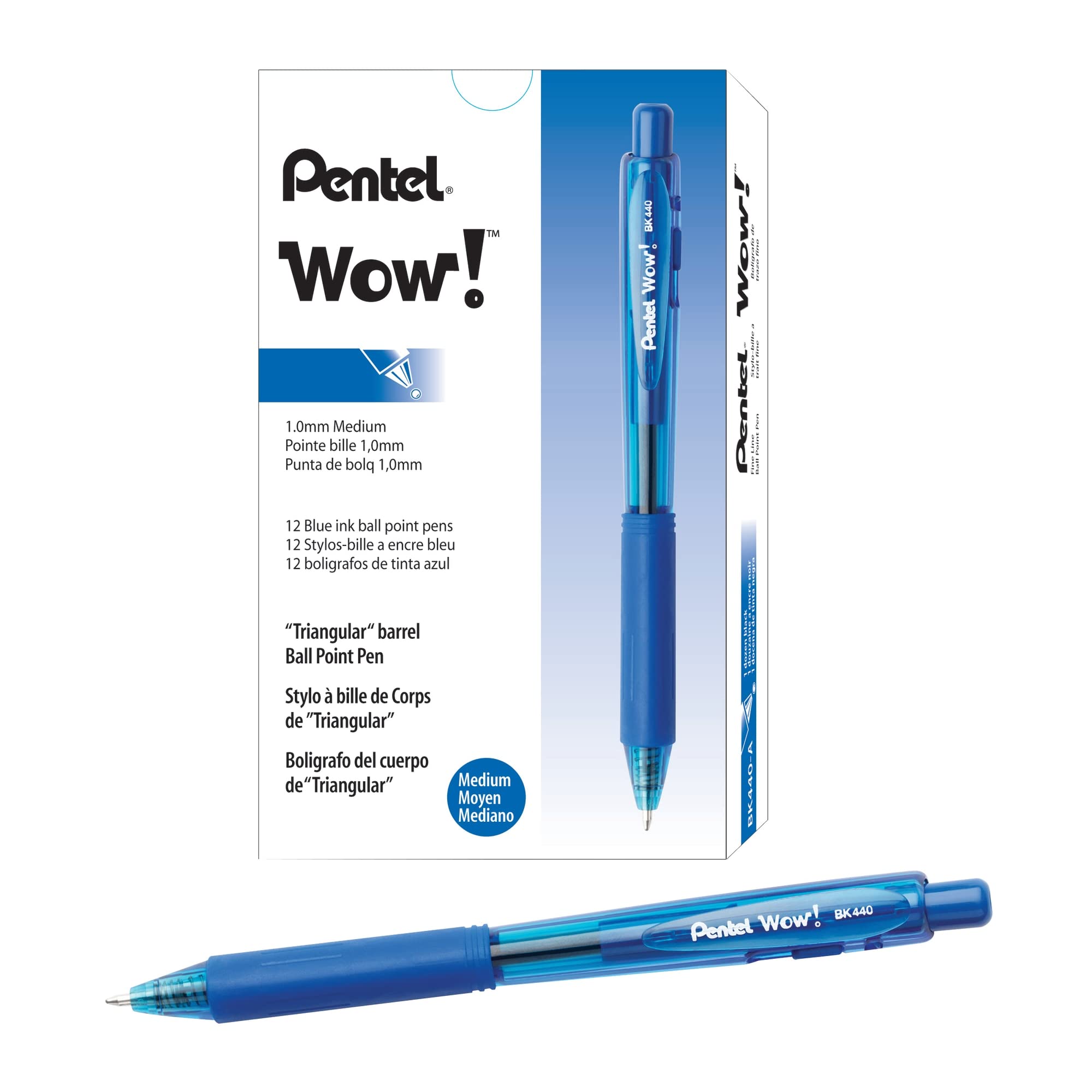 Pentel WOW Retractable Ballpoint Pens - Medium Point 1.0mm, Transparent Blue Barrels with Blue Ink (12-Pack) - Perfect for Office, School & Note Taking