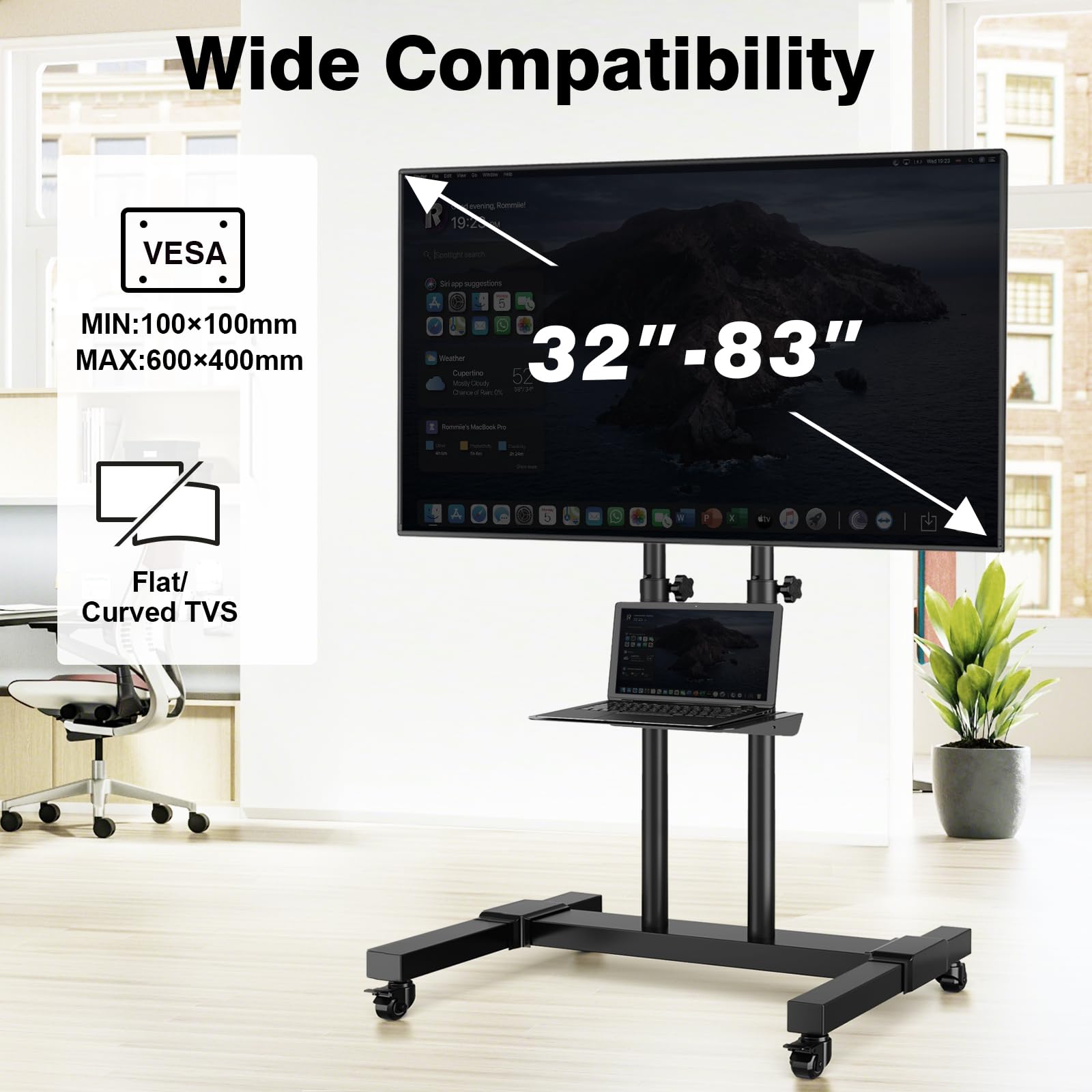Adjustable Height Mobile TV Stand with Lockable Wheels for 32-83 Inch Flat Screen & Curved TVs - Rolling TV Cart with Mount, Supports 110 lbs - Perfect for Living Room, Bedroom, or Office Entertainment Setup