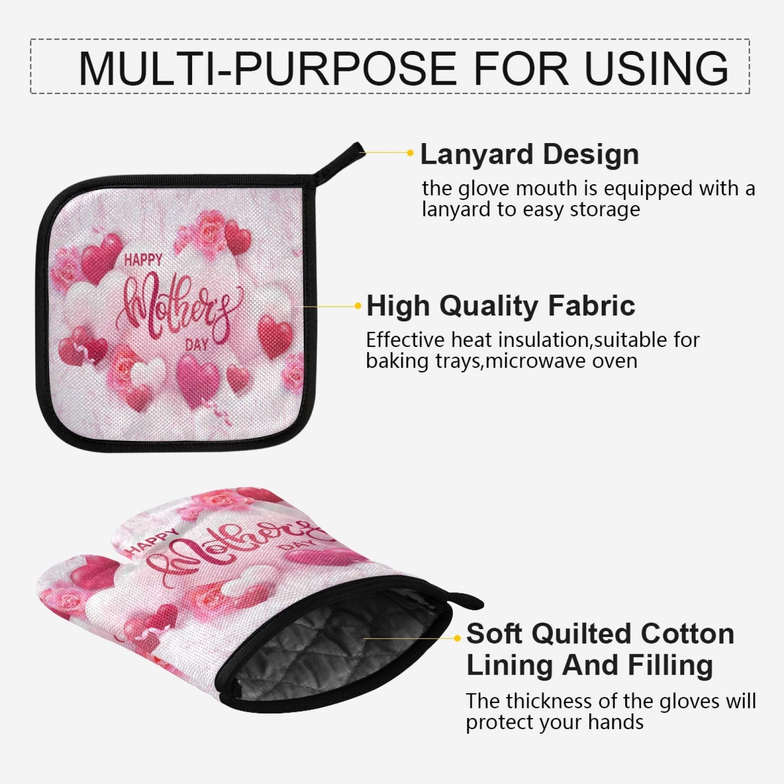 Pink Oven Mitts for Mother's Day - Heat Resistant Kitchen Gloves for Baking, Cooking & BBQ - Perfect Gift for Mom, Ideal for Grilling, Baking & Handling Hot Pots