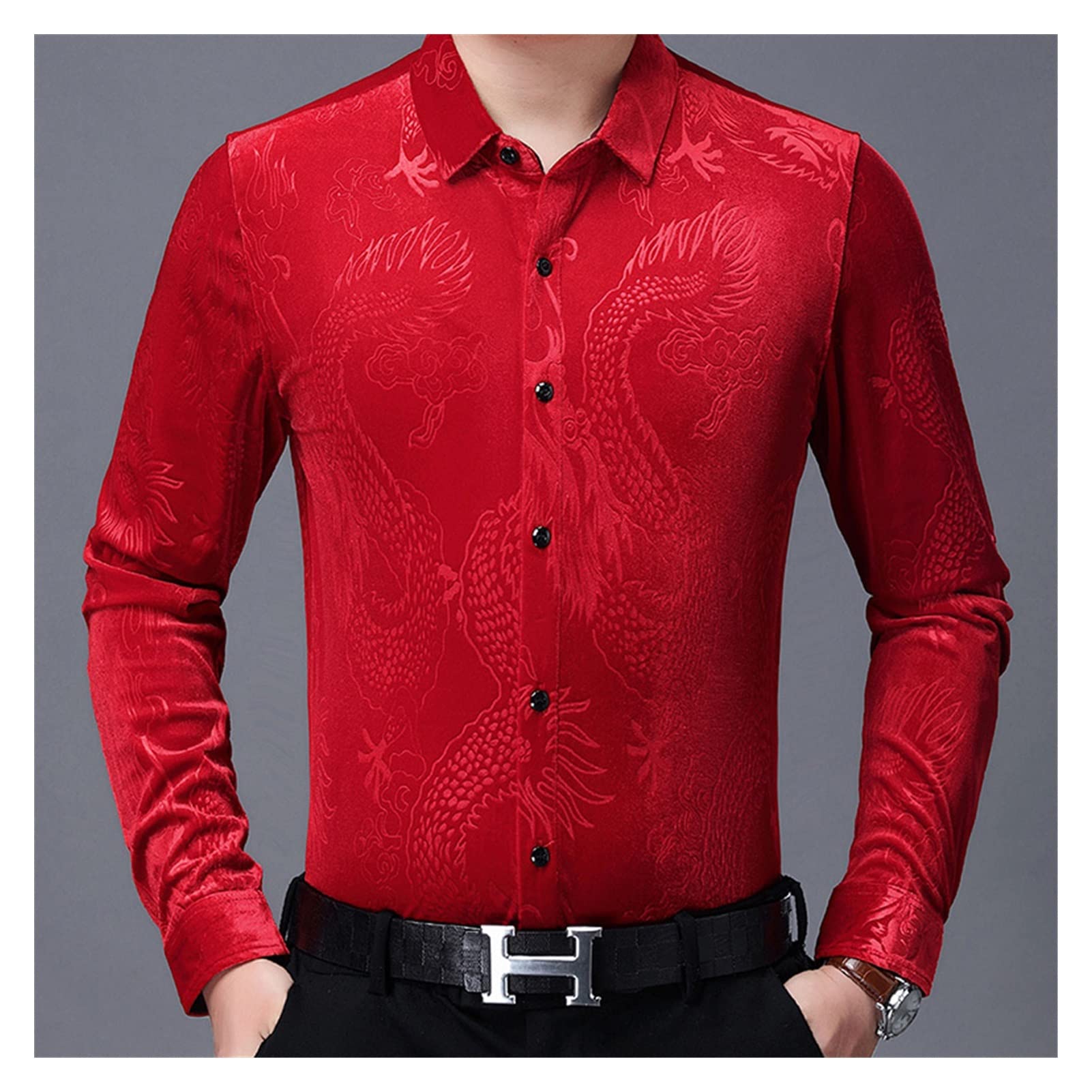 DFHH Men's Velvet Shirt - Red XL - Winter Velour Collared Blouse for Men | Formal & Casual Wear | Perfect for Holidays, Parties & Office