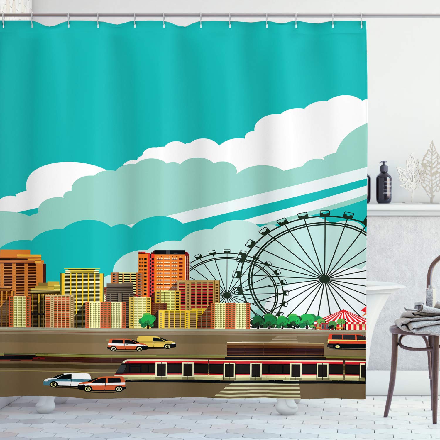 Ambesonne Ferris Wheel Shower Curtain - Vibrant Cityscape Design with Skyscrapers, Highway & Metro Line - 69x84 Inch Waterproof Fabric Bathroom Decor with Hooks - Perfect for Modern Bathrooms, Kids' Rooms & Theme Decor