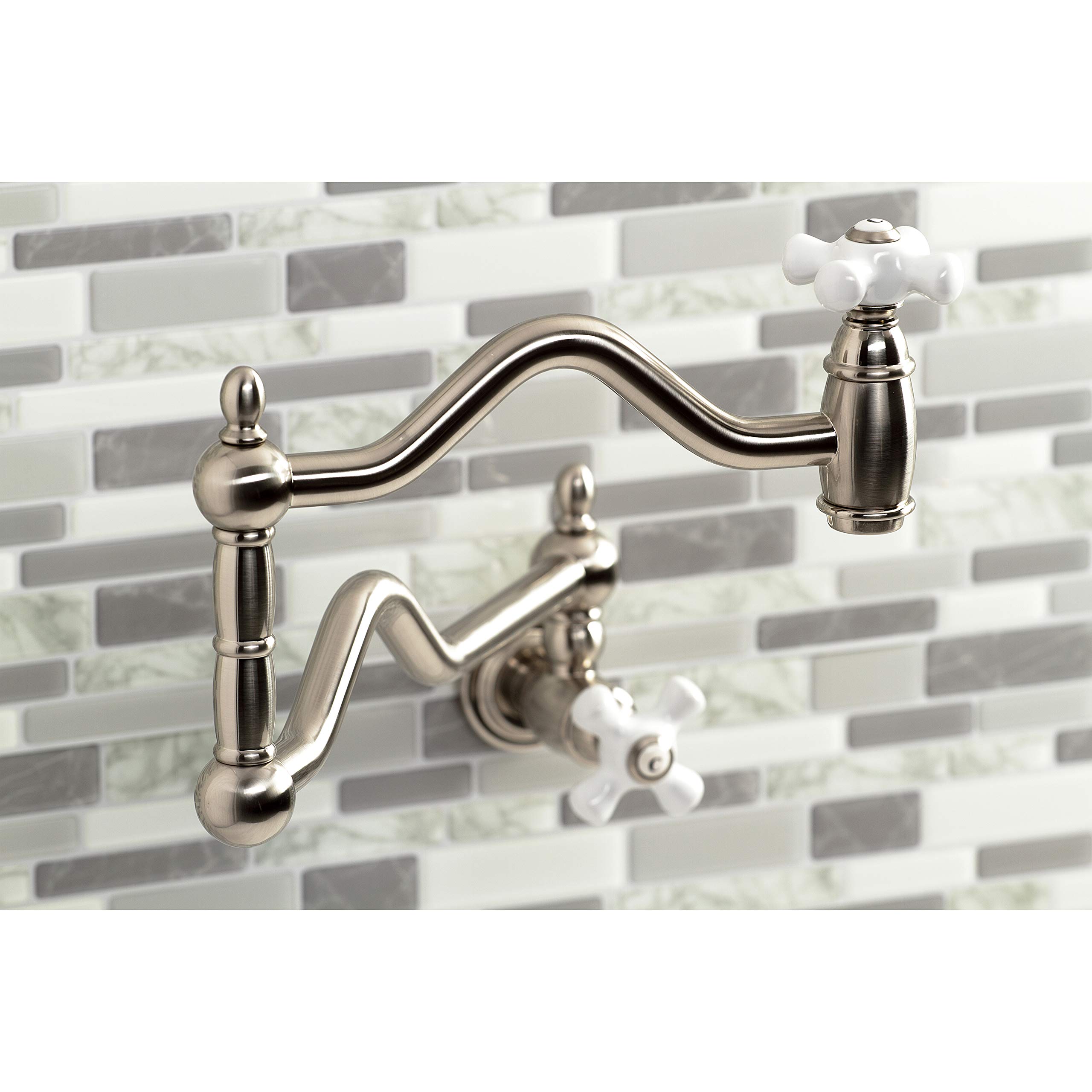 Kingston Brass KS2108PX Heritage Pot Filler Faucet - 24.13 Inch Brushed Nickel Wall Mount Kitchen Faucet for Stove & Cooking - Perfect for Home Chefs & Modern Kitchens