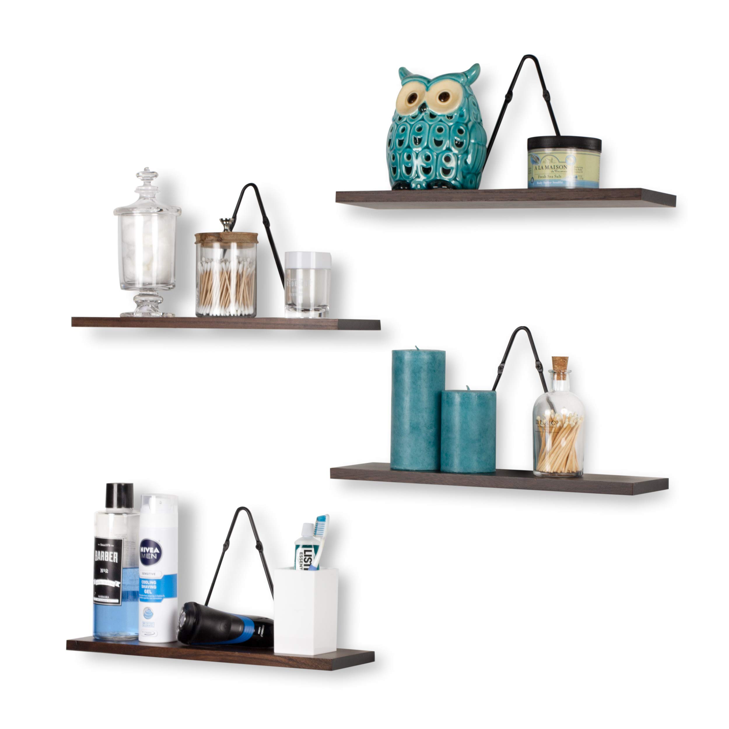 Rustic State Moma Wall Mounted Floating Shelves Set of 4 - Solid Walnut Wood with Triangle Brackets for Bathroom, Bedroom, Kitchen, Living Room & Office Storage | Perfect for Organizing Decor, Books, Plants and Essentials