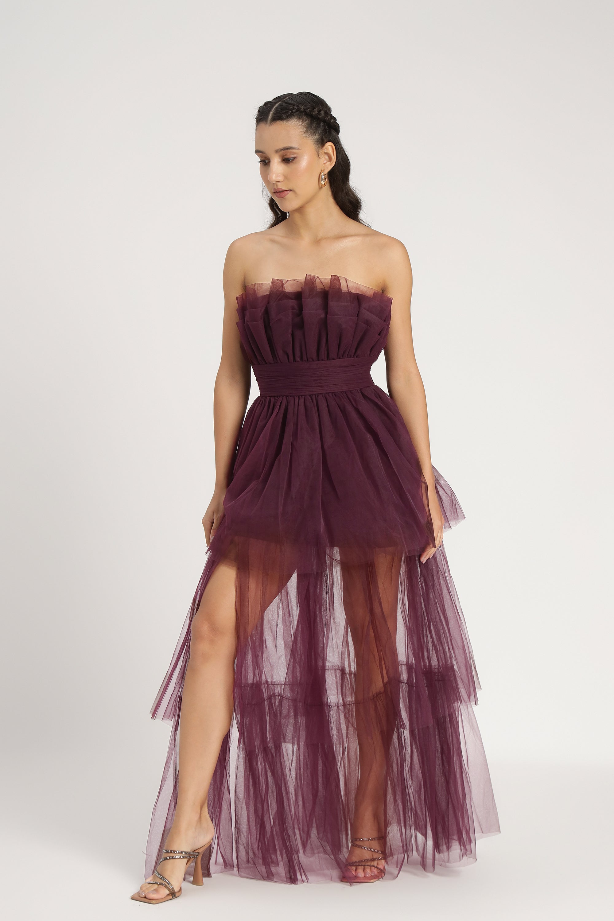 Natalia Elegant Plum Tulle Maxi Dress for Women - Perfect for Weddings, Prom, and Evening Parties