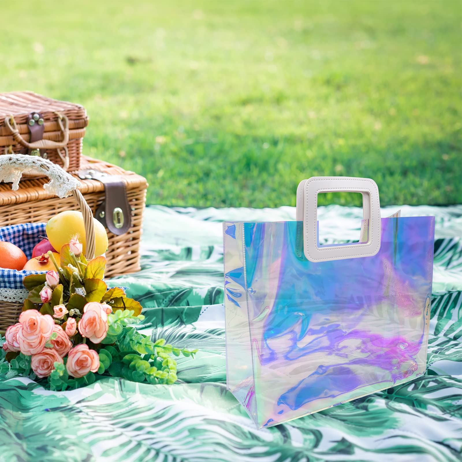 Holographic Gift Bags - Clear Iridescent Tote Bag for Bachelorette Party, Beach, Travel, Work & Stadium Events | Shimmering Reusable Shopping Bags for Women, Girls & Special Occasions
