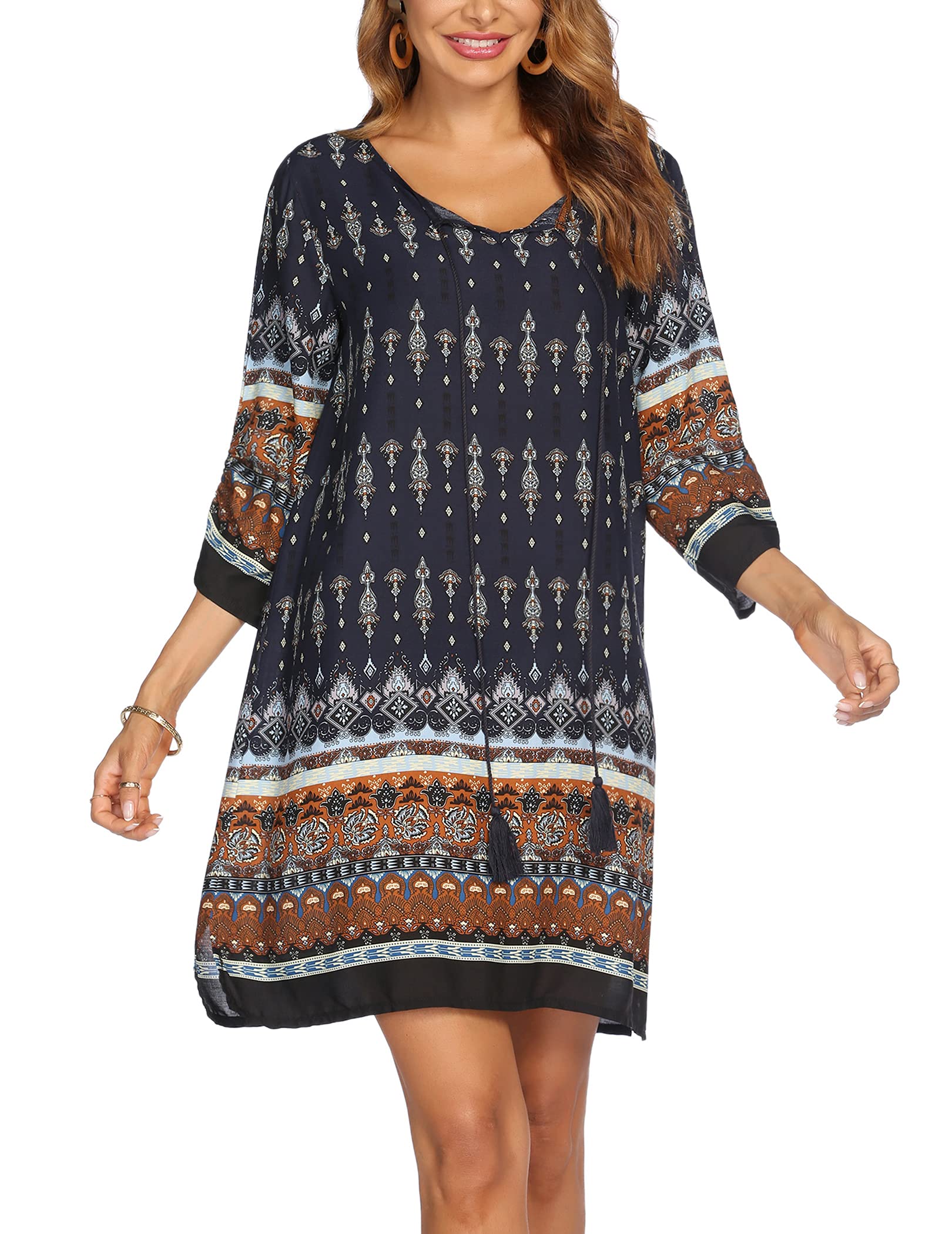 Zeagoo Women's Bohemian Floral Print 3/4 Sleeve Summer Casual Dress - Beach Cover Up, Vacation Outfit, Lounge Wear for Ladies