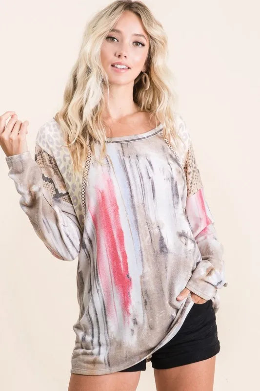 Trendy BiBi Tie Dye Knit Top with Print Block Shoulder - Women's Fashion Casual Blouse for Summer Outfits & Boho Style