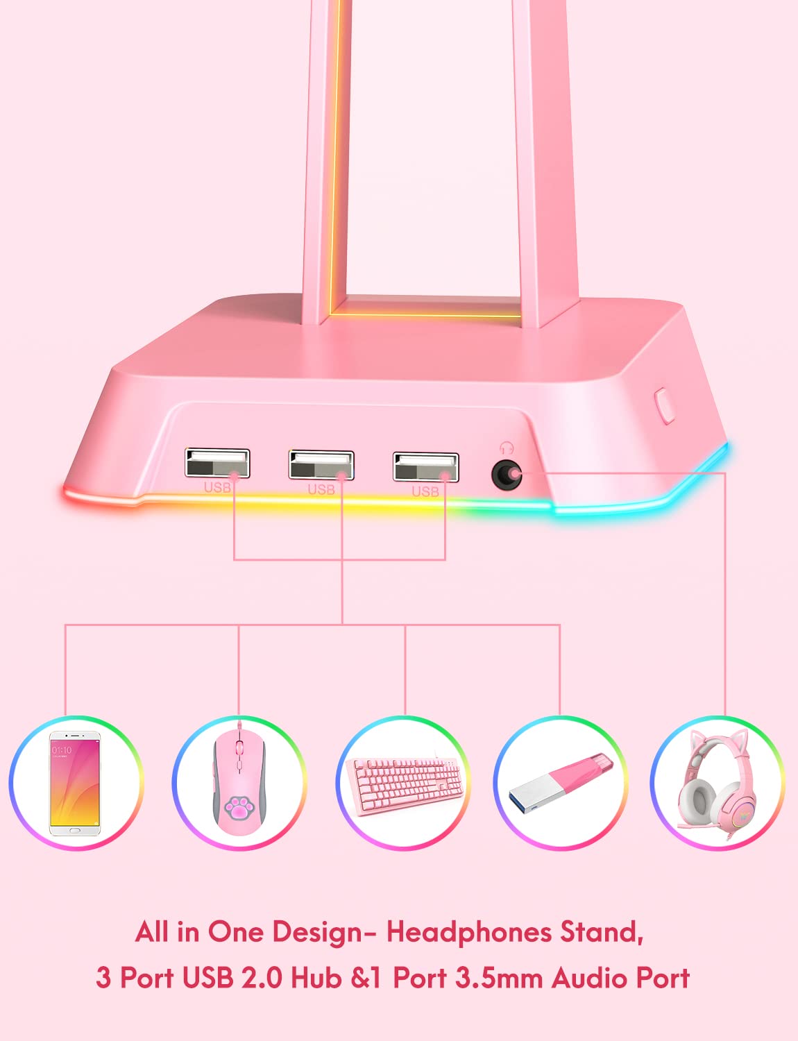 PHNIXGAM RGB Gaming Headphone Stand with 3.5mm AUX & 3-Port USB 2.0 Hub - Universal Headset Holder for PC, PS5, Xbox - Perfect for Gamers & Streamers (Pink) - Organize Your Gaming Setup & Charge Devices