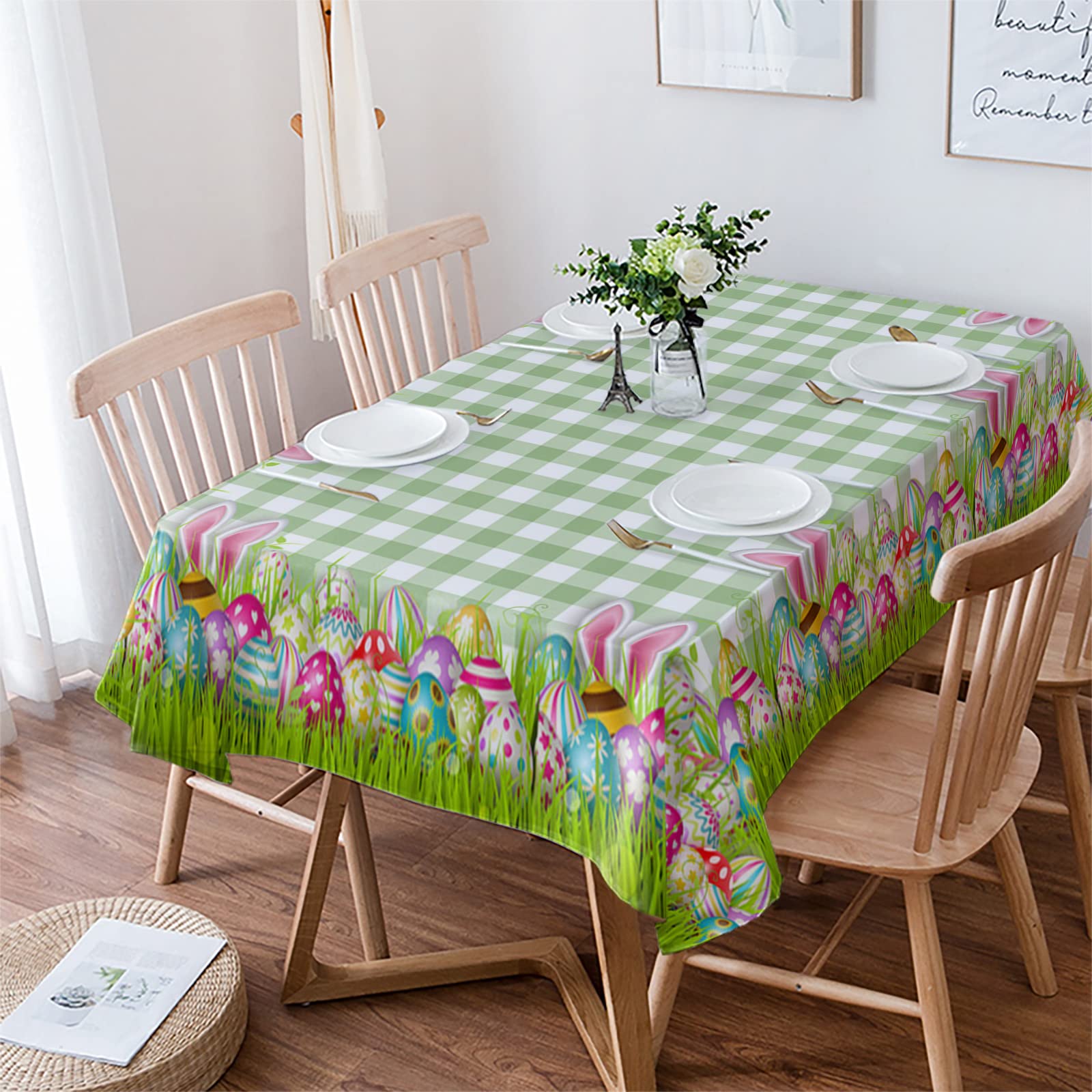 Waterproof Easter Tablecloth - Green Plaid with Easter Egg & Bunny Design - 60x102 Inch Rectangle Dining Table Cover for Spring Parties, Outdoor Decor & Holiday Celebrations