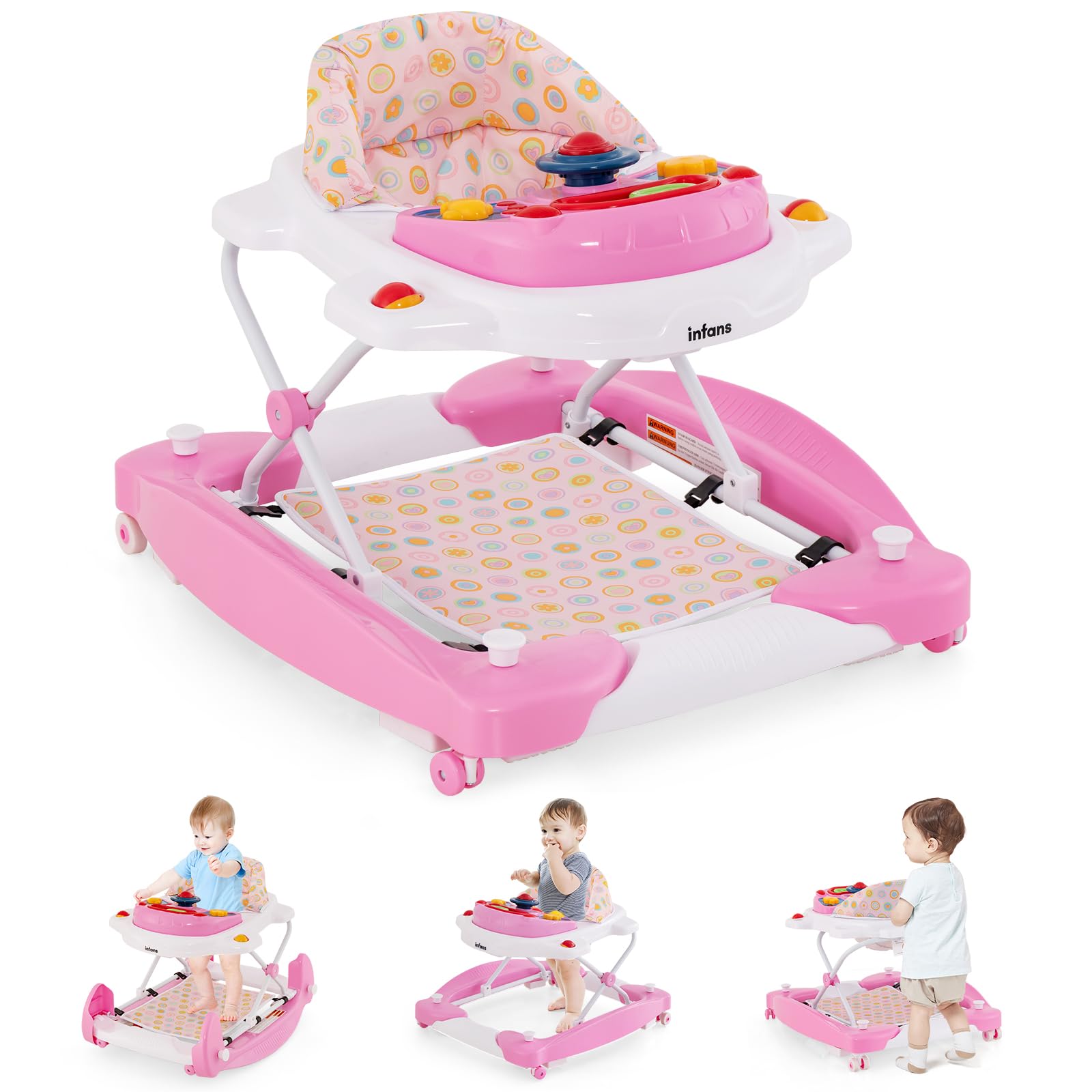 INFANS 5-in-1 Baby Walker for Toddlers - Adjustable Height Learning Walker with Removable Music Tray, Washable Seat Cushion & Foldable Design - Safe Rocker Bouncer Activity Center for Boys & Girls (Pink) - Perfect for Home Playtime & Early Childhood Development