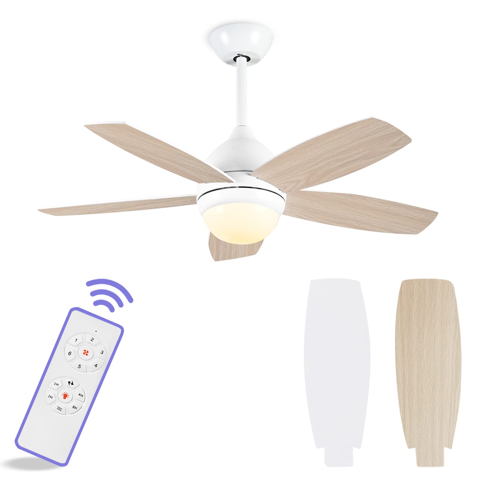 42 Inch White Modern Ceiling Fan with Quiet DC Motor, Remote Control & 3-Color LED Lights - 6 Speed Settings, Reversible Blades for Bedroom, Living Room & Office - Energy Efficient Cooling & Ambient Lighting Solution