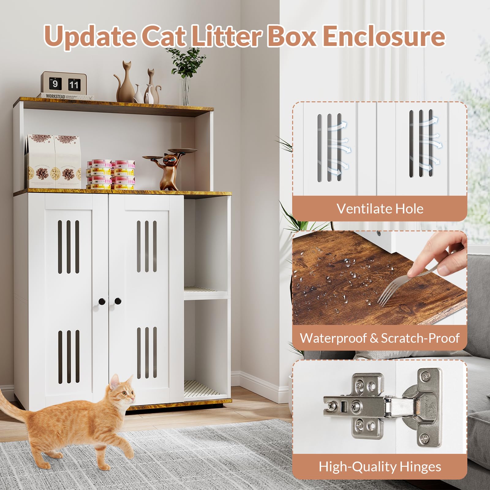 Rovibek Double Cat Litter Box Enclosure Furniture with Storage & Scratch Mat - Hidden Litter Cabinet for 2 Cats, Fits Most Litter Boxes, White - Perfect for Small Spaces & Multi-Cat Homes