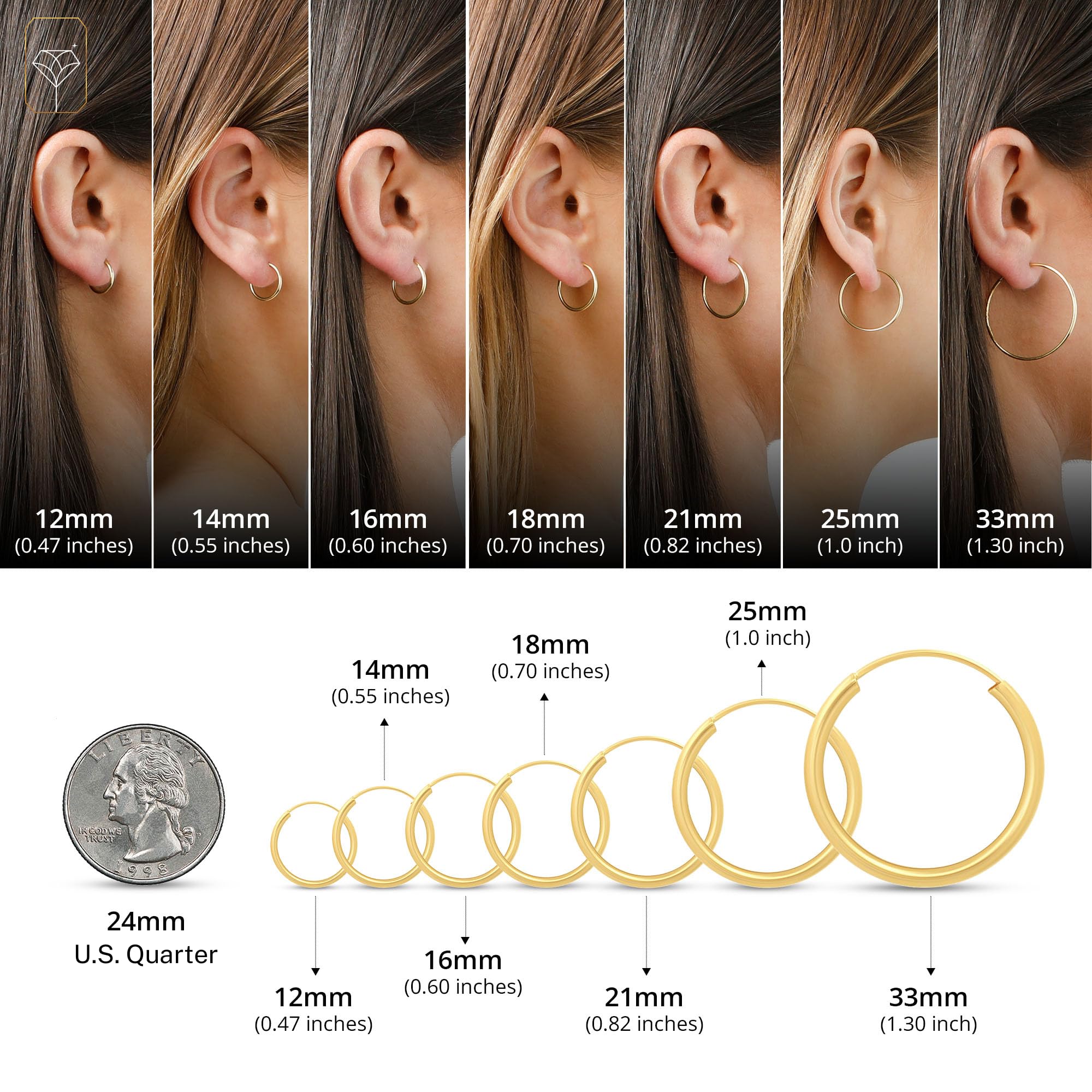 14k Solid Gold Hoop Earrings for Women - 1.5mm Thin Tube Yellow Gold Continuous Hoop Earrings | Real 14k Gold Jewelry | Perfect for Everyday Wear, Work & Special Occasions