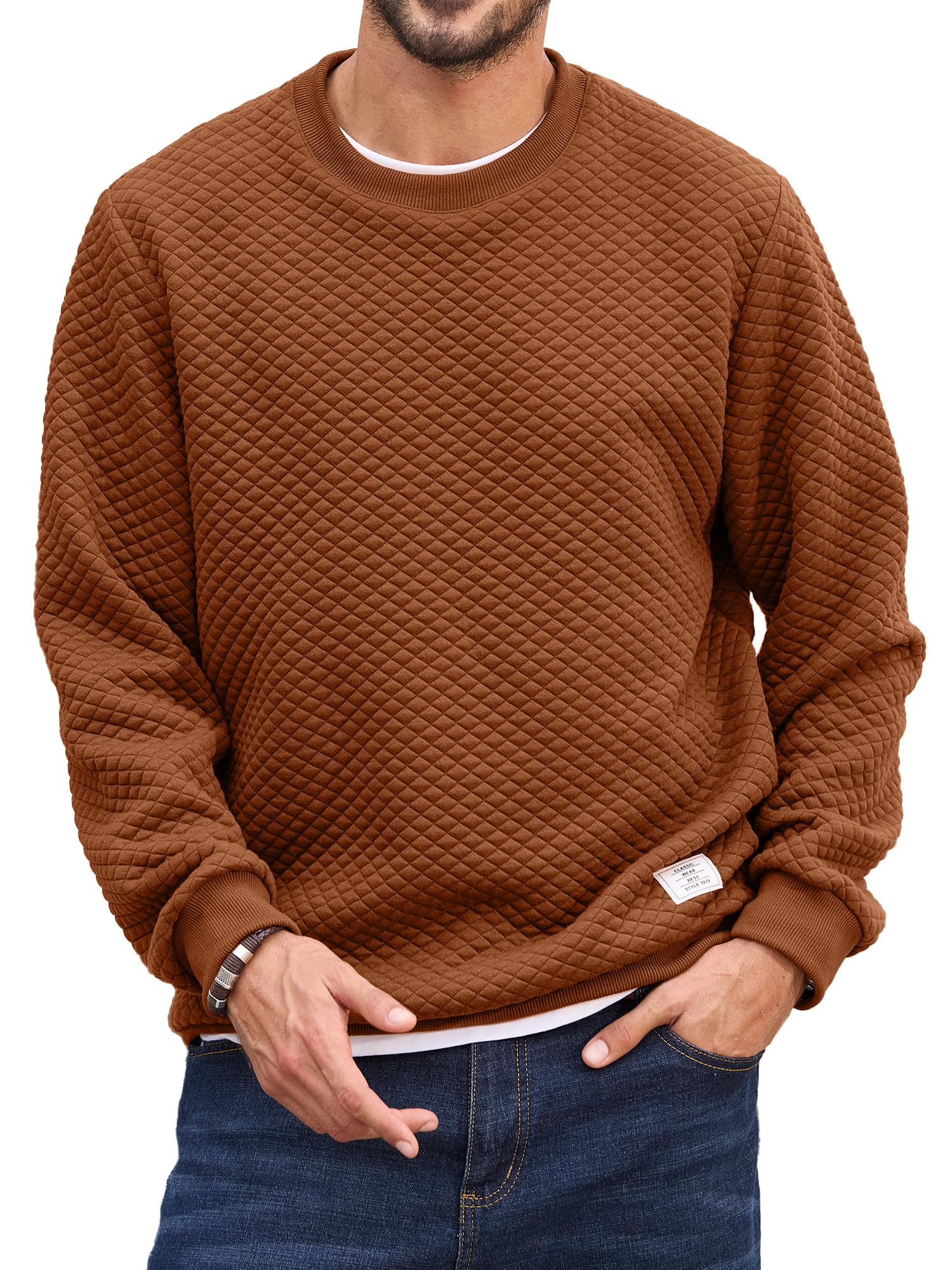 Men's Solid Color Diamond Grid Texture Crewneck Sweatshirt - Long Sleeve Casual Pullover Shirt for Everyday Wear, Street Style & Layering Outfits