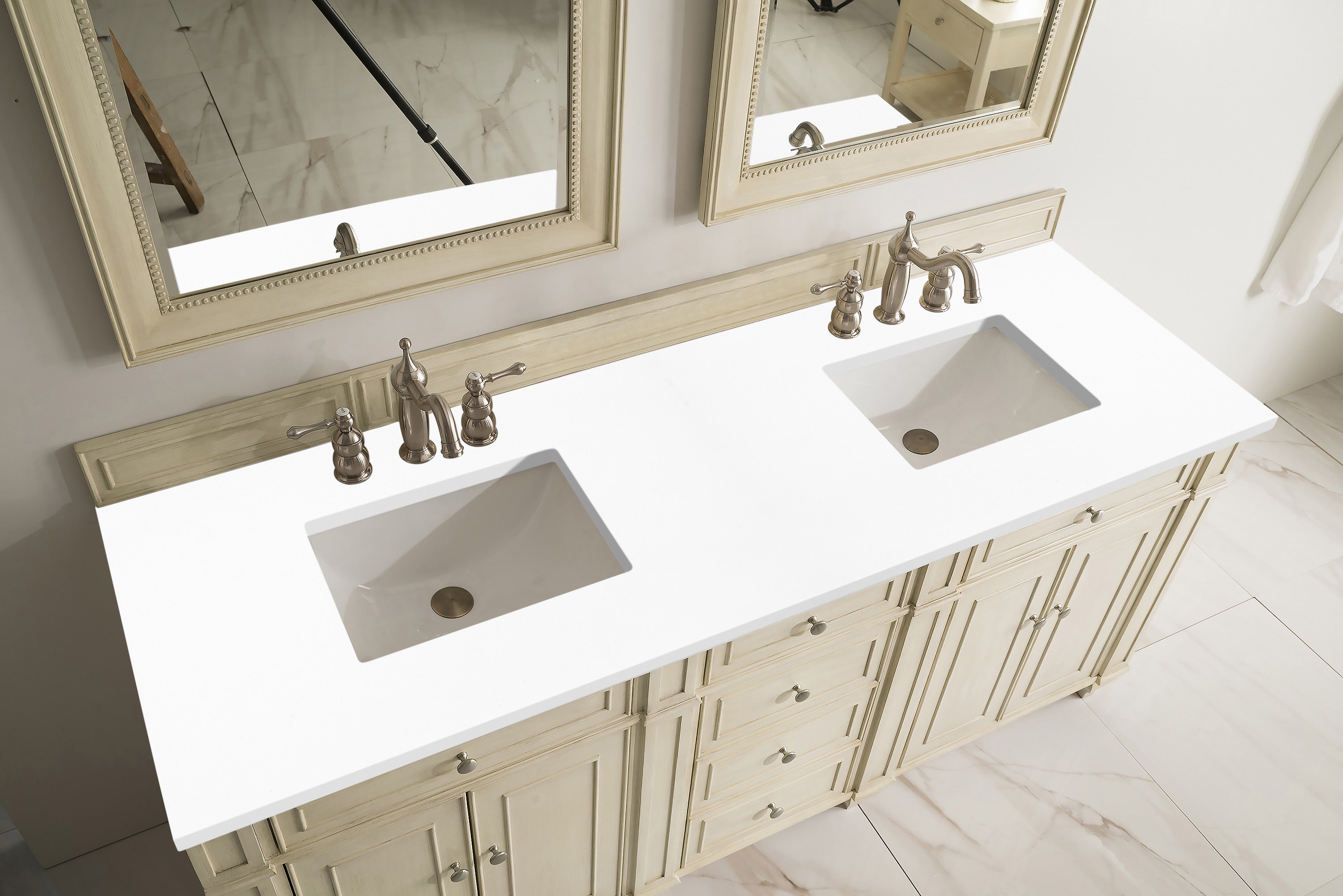 Bristol 72 Inch Double Bathroom Vanity in Vintage Vanilla with 3CM Classic White Quartz Countertop - Perfect for Master Bathroom & Guest Bath Remodeling