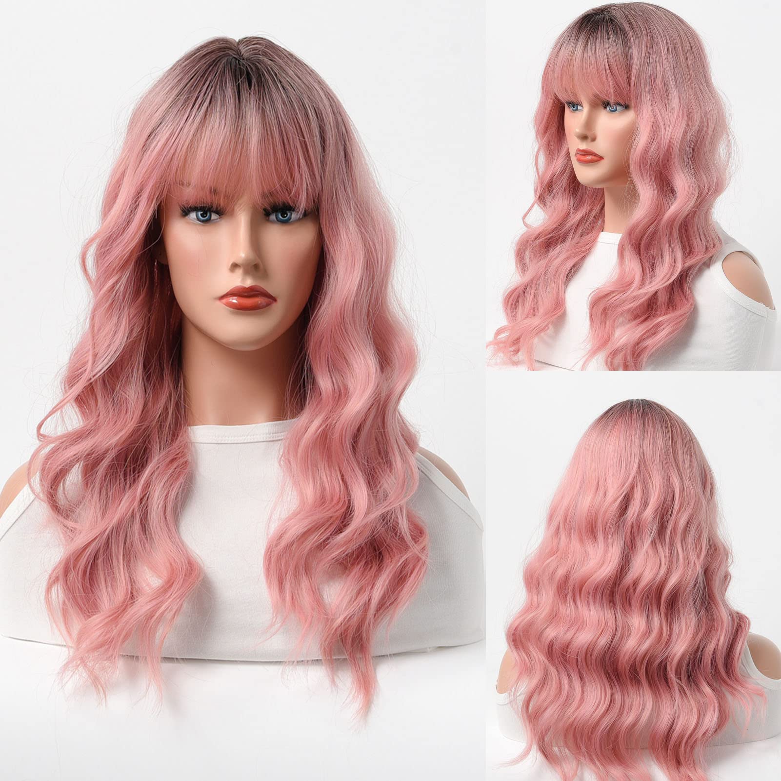 Heat Resistant Synthetic Wavy Hair with Flat Straight Bangs - Perfect for Cosplay, Costumes & Everyday Styling