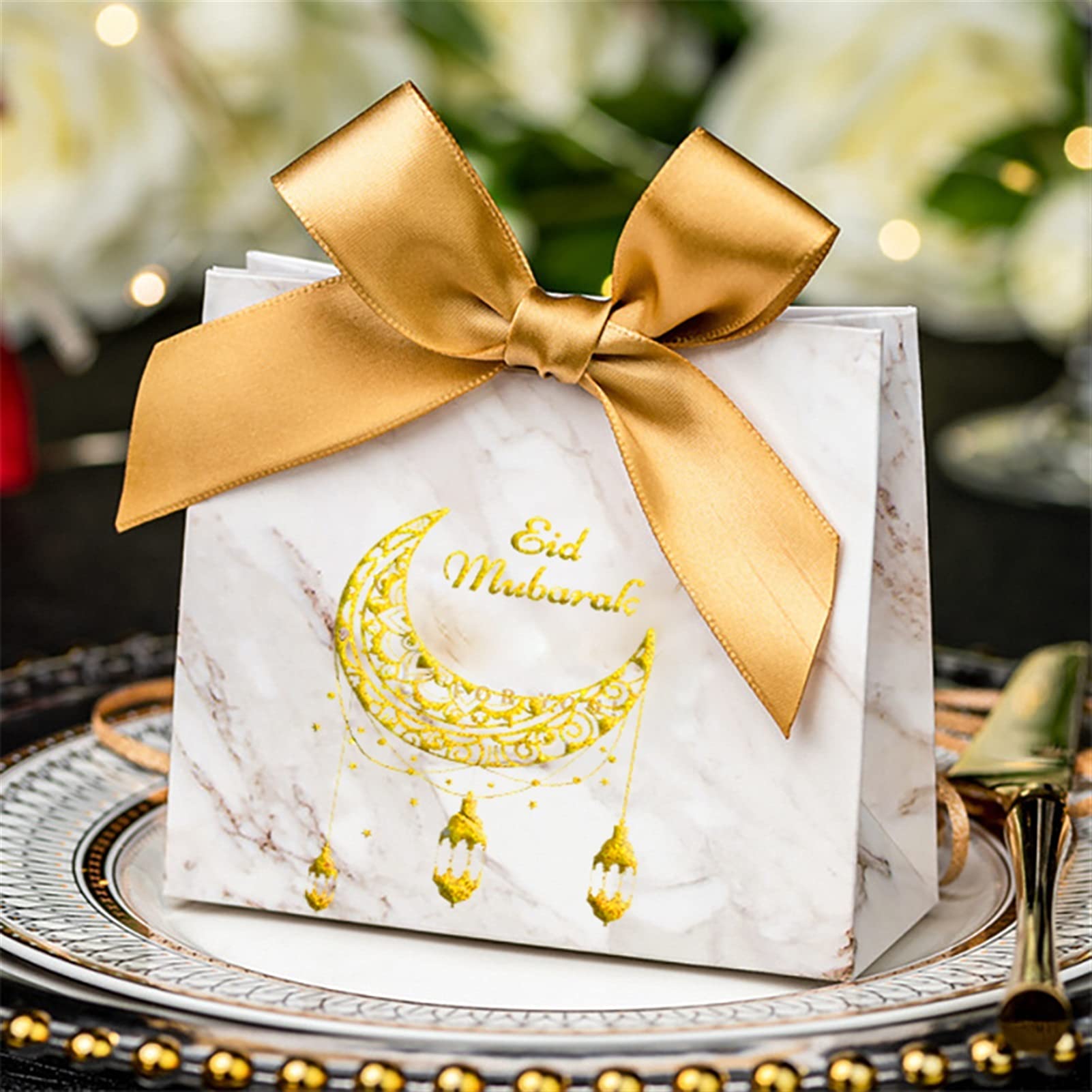 Premium Eid Mubarak Candy Gift Box Set - 10PCS Deep Gold Paper Packaging Party Favors for Ramadan, Eid Celebrations, Wedding Favors & Holiday Gifting