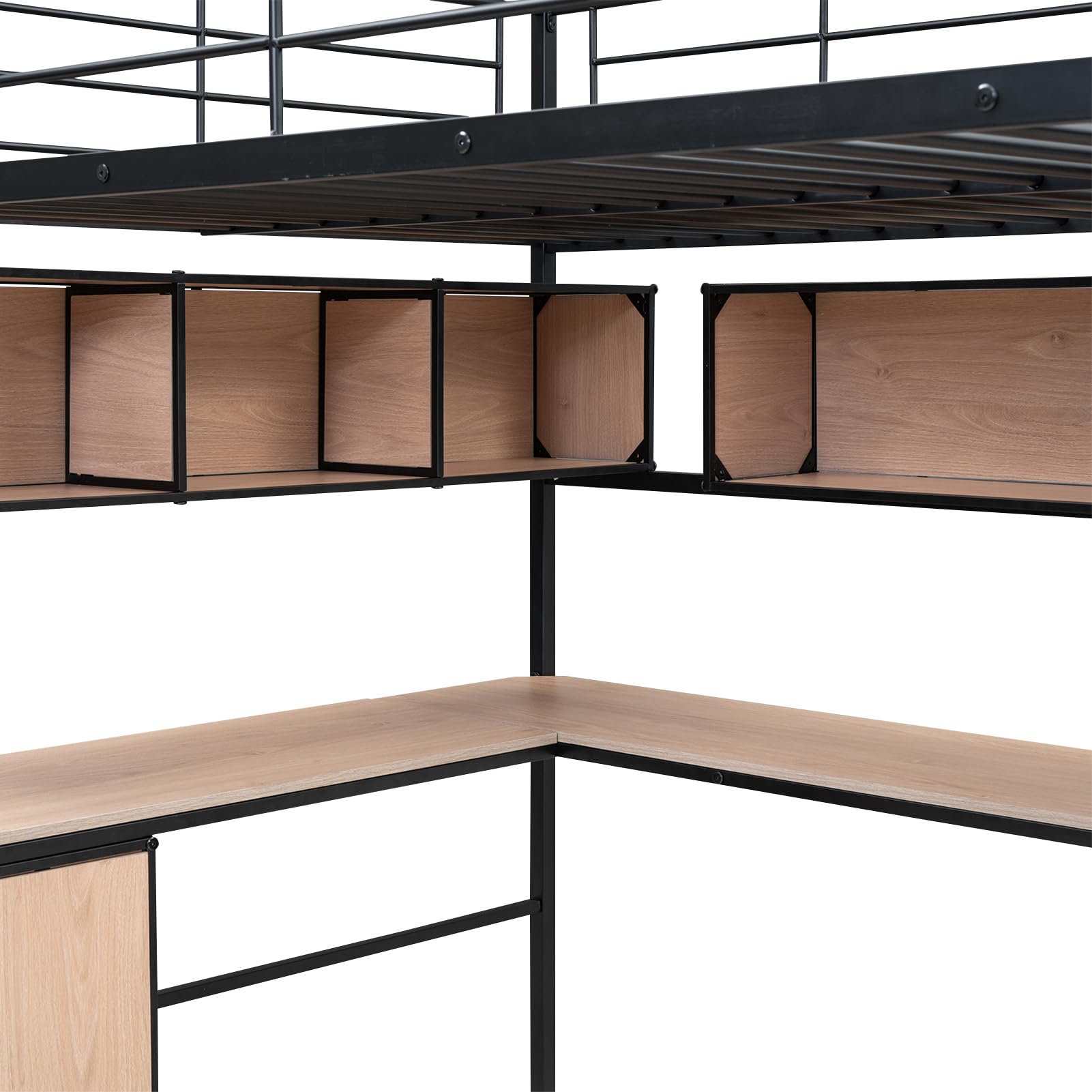 Full Size Loft Bed with Desk & Storage - Metal Bed Frame with Bookcase & Cabinet - Space Saving Black Loft Bed for Small Rooms, Dorm, Studio Apartments & Kids Bedroom