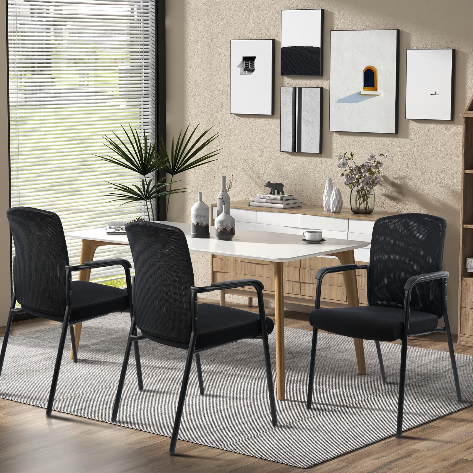 CLATINA Stackable Office Chairs with Arms - 4 Pack Double Mesh Waiting Room Chairs with Thickened Cushion, High Back Guest Chairs for Reception, Lobby, School, Banquet & Conference Rooms - Black Ergonomic Seating Solution