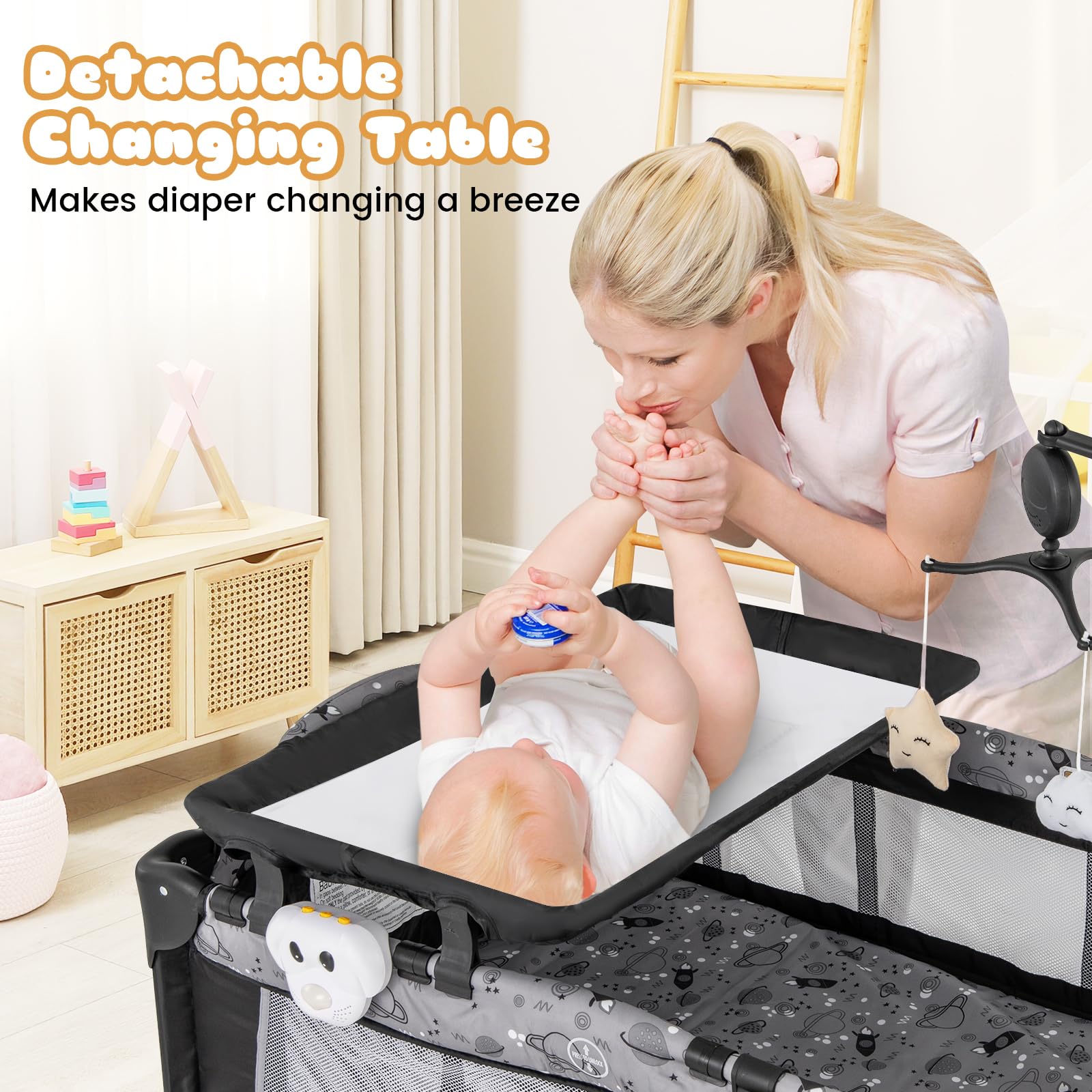 Baby Joy 3-in-1 Portable Playard with Bassinet & Changing Table - Foldable Travel Crib with Lockable Wheels, Soothing Music Box - Newborn to Toddler Bed for Nursery, Daycare & Family Travel