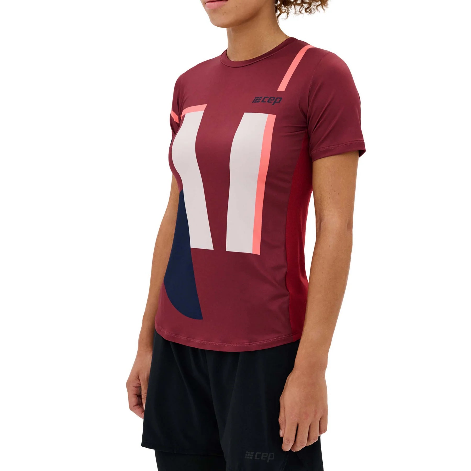 CEP Women's The Run Shirt - Round Neck Short Sleeve V5 Athletic Top - Dark Red Geometric Print Running Shirt for Women | Perfect for Jogging, Gym Workouts & Outdoor Activities