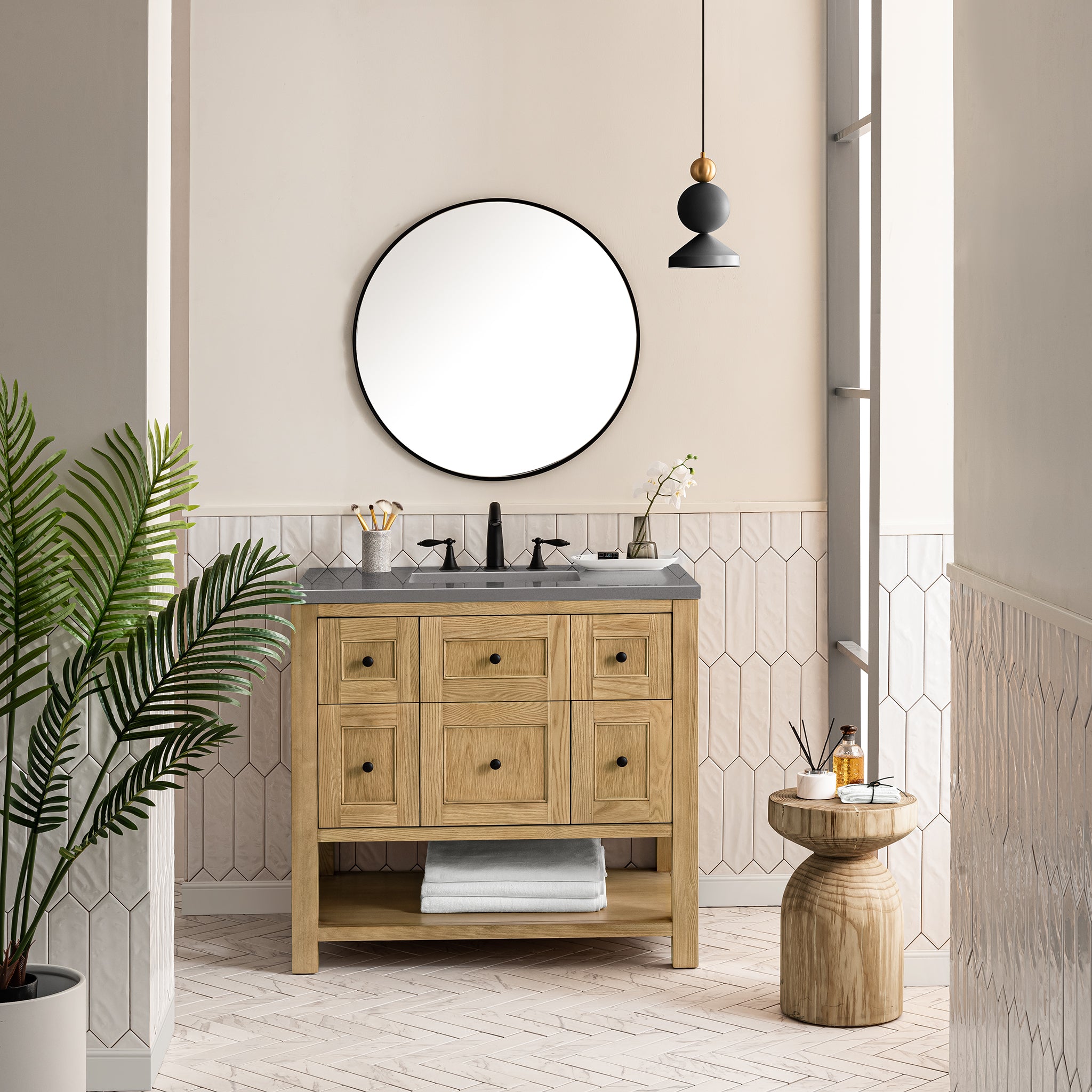 Breckenridge 36 Inch Single Bathroom Vanity in Light Natural Oak with 3CM Grey Expo Top - Perfect for Modern Home Bathroom Renovation and Space-Saving Design