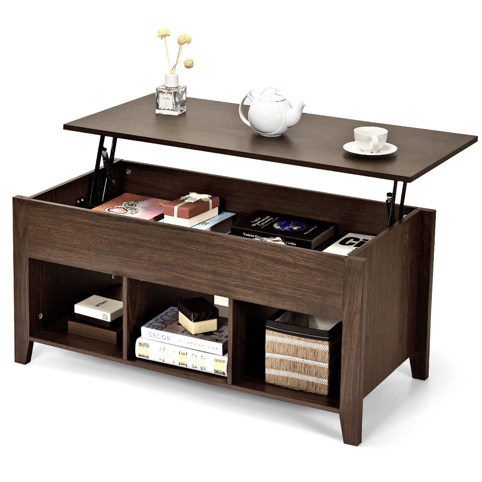 Powerstone Lift Top Coffee Table - Modern Convertible Dining Table with Hidden Storage & 3 Open Shelves for Living Room, Office, Reception - Perfect for Small Spaces & Multi-Functional Use