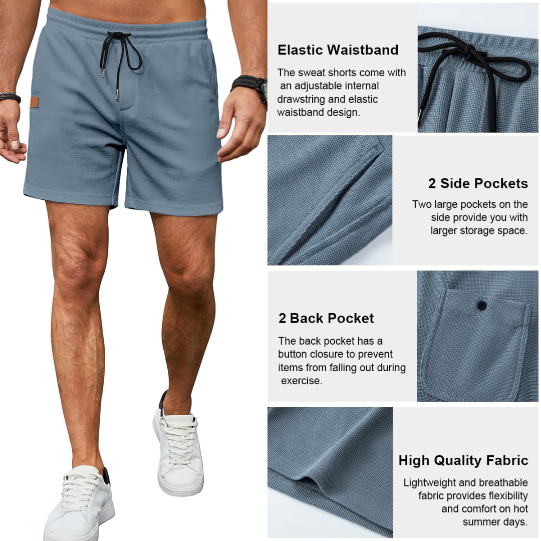 Men's Casual Waffle Shorts with Elastic Waist & Drawstring - 7