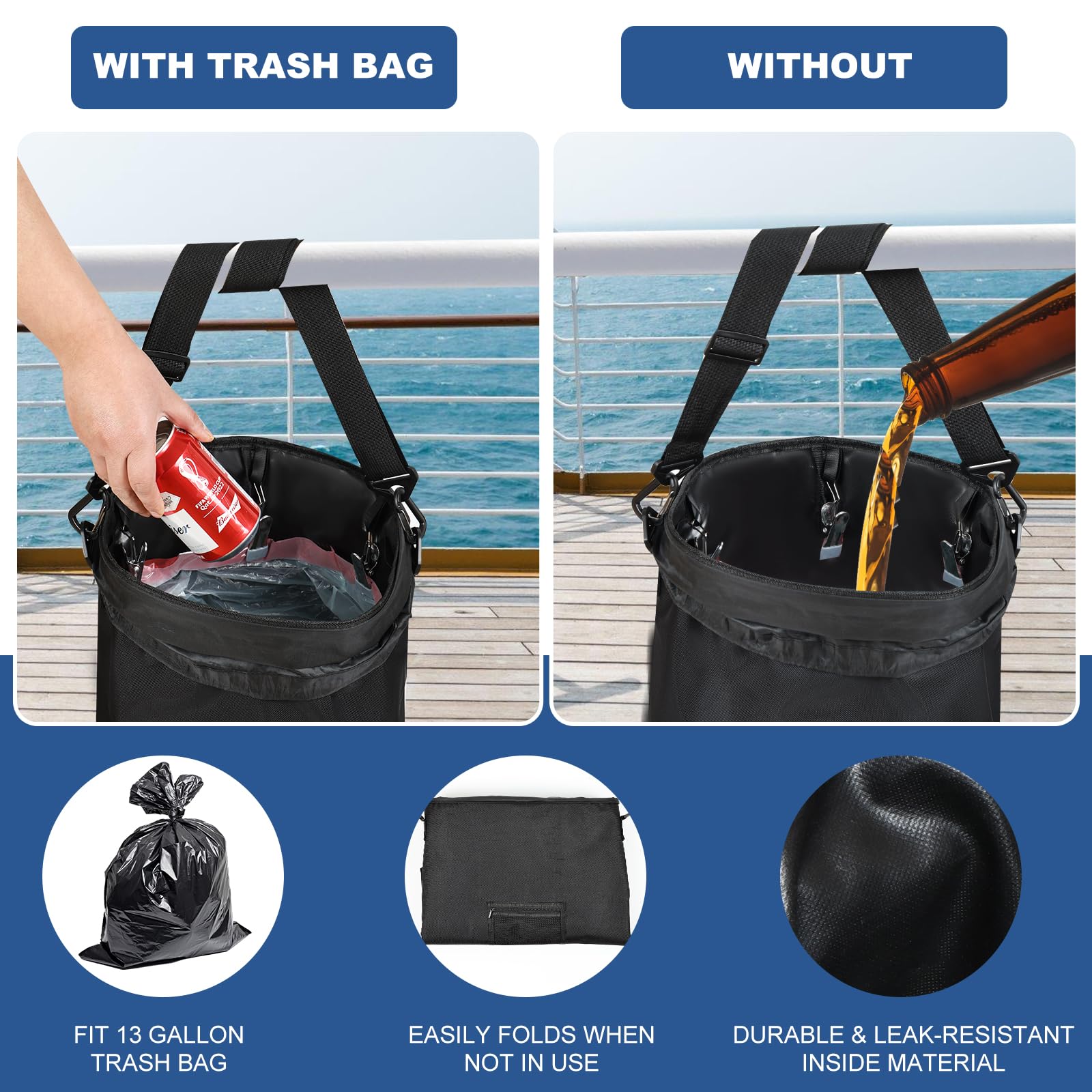 13 Gallon Waterproof Boat Trash Can with 6 Clips & Storage Pocket - Reusable Marine Garbage Holder for Pontoon Boats, Fishing, Sandbar & Camping - Fast Cleaning Boat Accessories for Outdoor Adventures