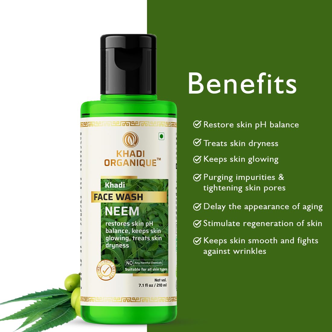 Khadi Organique Neem Face Wash - Natural & Organic Cleanser for Acne & Oily Skin | Perfect for Daily Skincare Routine & Sensitive Skin Care