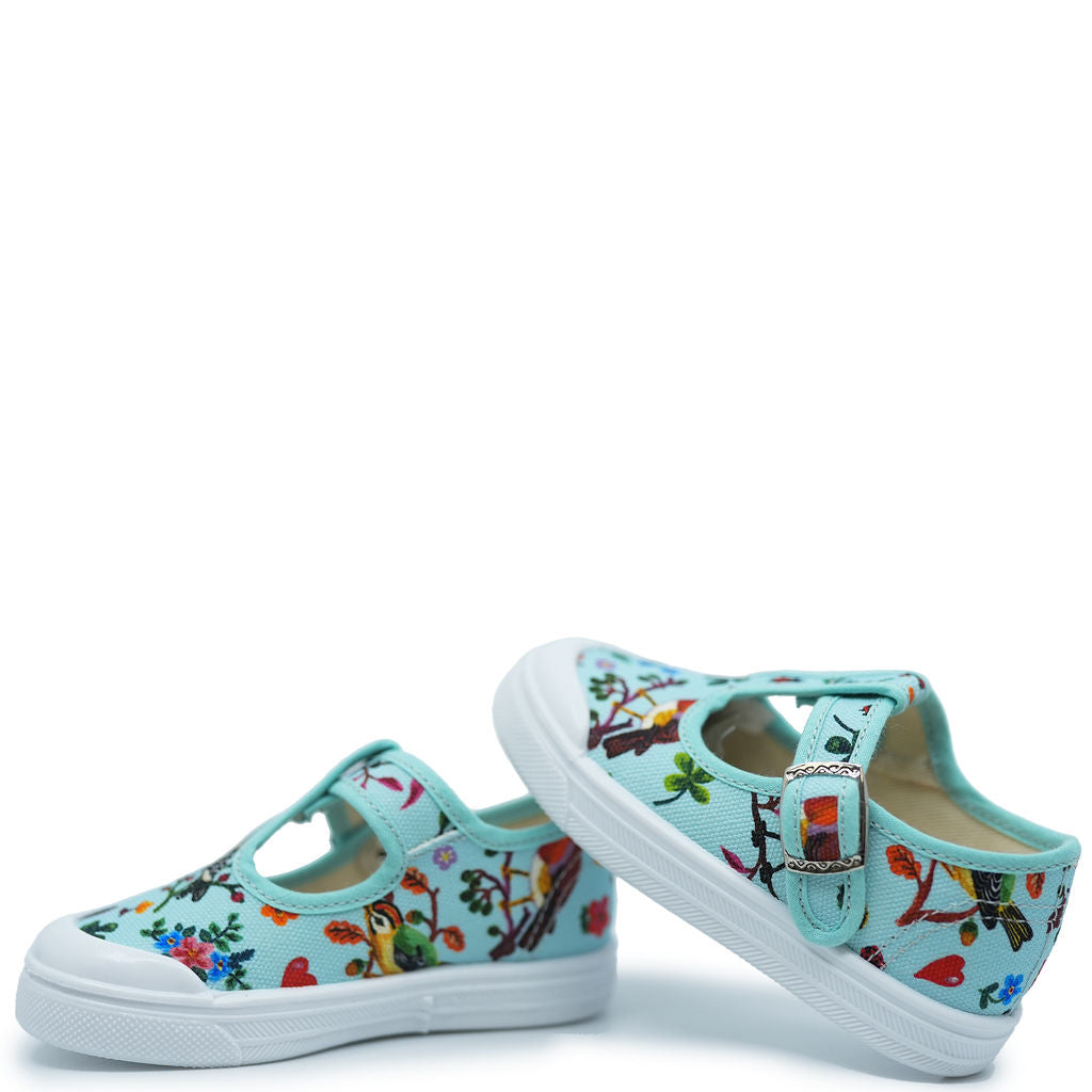 Pepe Turquoise Birds T-Strap Sneakers - Women's Casual Comfortable Walking Shoes for Everyday Wear, Fashionable & Lightweight - Perfect for Running, Travel, and Outdoor Activities