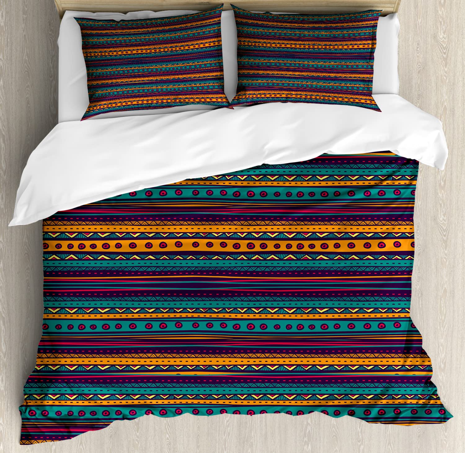 Ambesonne Tribal Duvet Cover Set - Queen Size 2-Pack with 2 Duvet Covers & 4 Pillowcases | Striped Retro Mexican Folkloric Print in Teal & Plum | Vibrant Bohemian Bedroom Decor for Guest Rooms & Vacation Homes