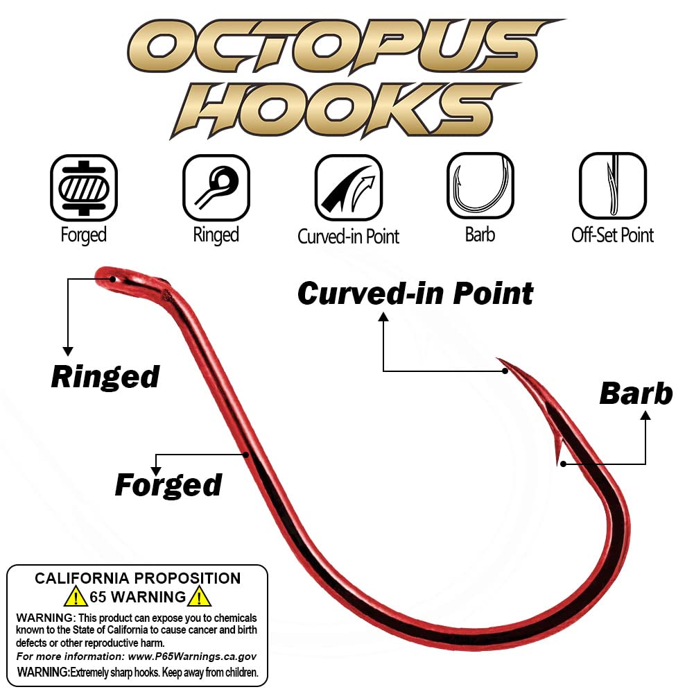 Octopus Fishing Hooks - Circle Beak Hooks for Freshwater Fishing (Red & Black, 100/50 Pack) - Perfect for Bass, Trout, and Catfish Angling