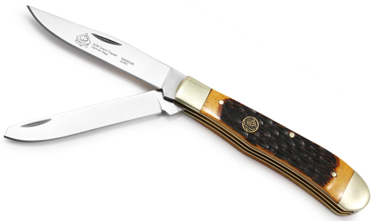 Puma Grand Trapper Folding Knife with 3.3 Inch Blade - Brown Bone Handle 6440632B - Perfect for Hunting, Camping & Outdoor Adventures
