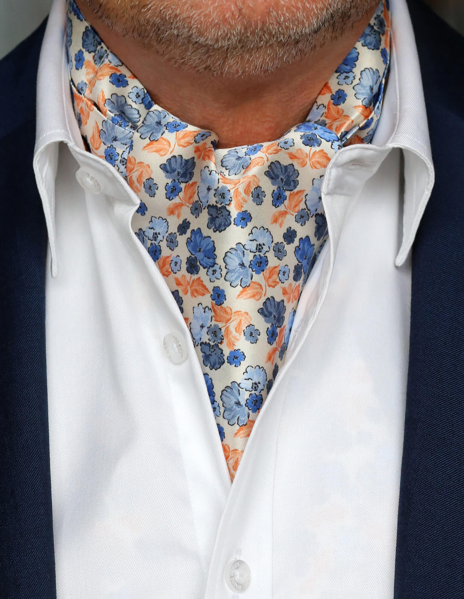 DÉCLIC Asti Floral Ascot Tie - Elegant White Silk Necktie for Weddings, Parties & Formal Events