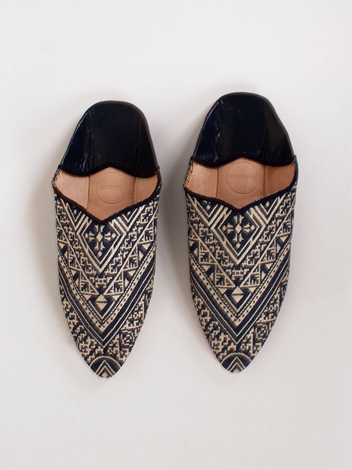 Authentic Moroccan Jacquard Pointed Babouche Slippers - Handmade Indigo Blue Leather House Shoes for Men & Women | Perfect for Home, Lounge & Cultural Fashion