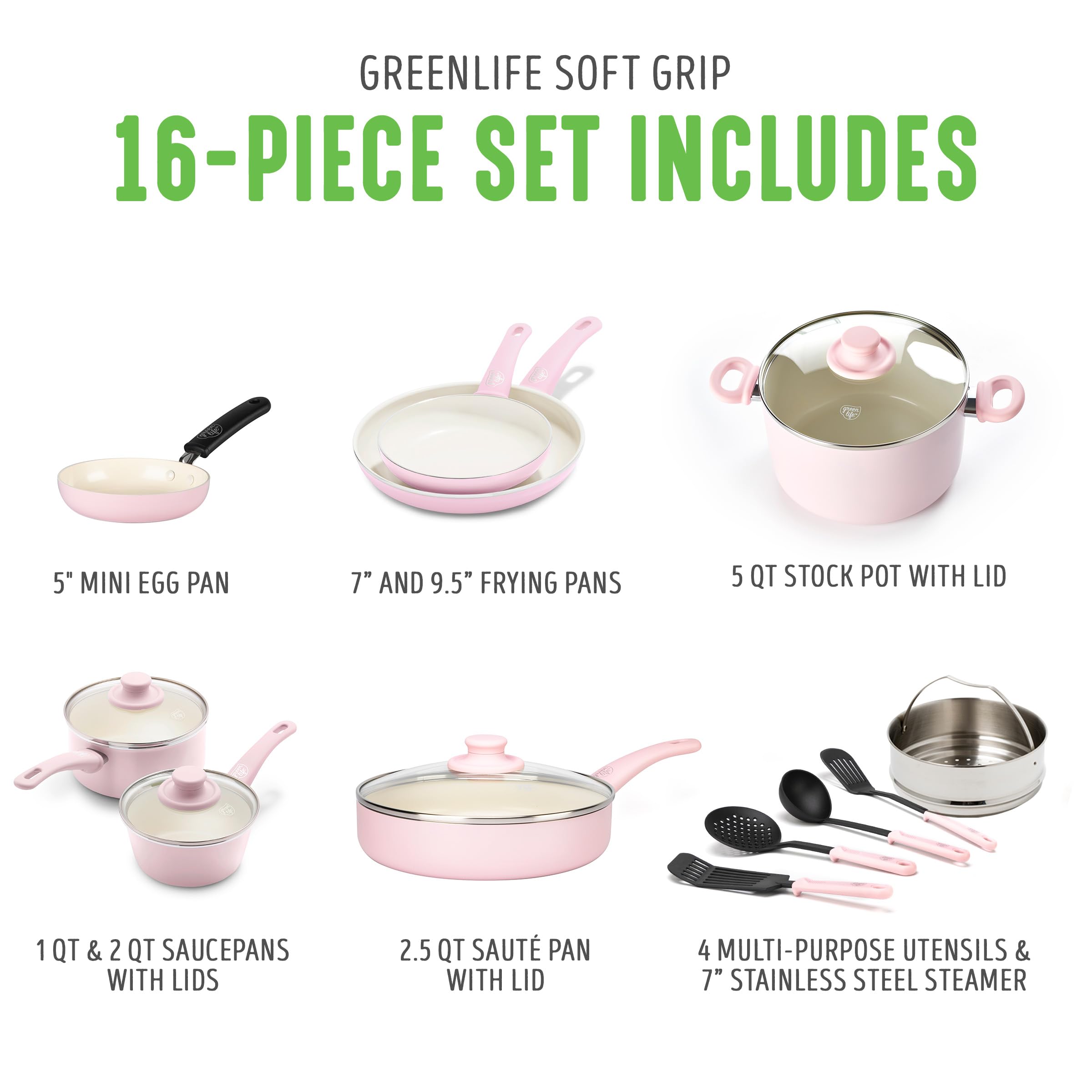 GreenLife Soft Grip 16-Piece Non-Toxic Ceramic Nonstick Cookware Set - PFAS-Free, Oven & Dishwasher Safe Pots and Pans with Glass Lids & Stay-Cool Handles - Perfect for Frying, Sauteing, and Cooking Family Meals - Ideal for Home Chefs and Everyday Kitchen Use