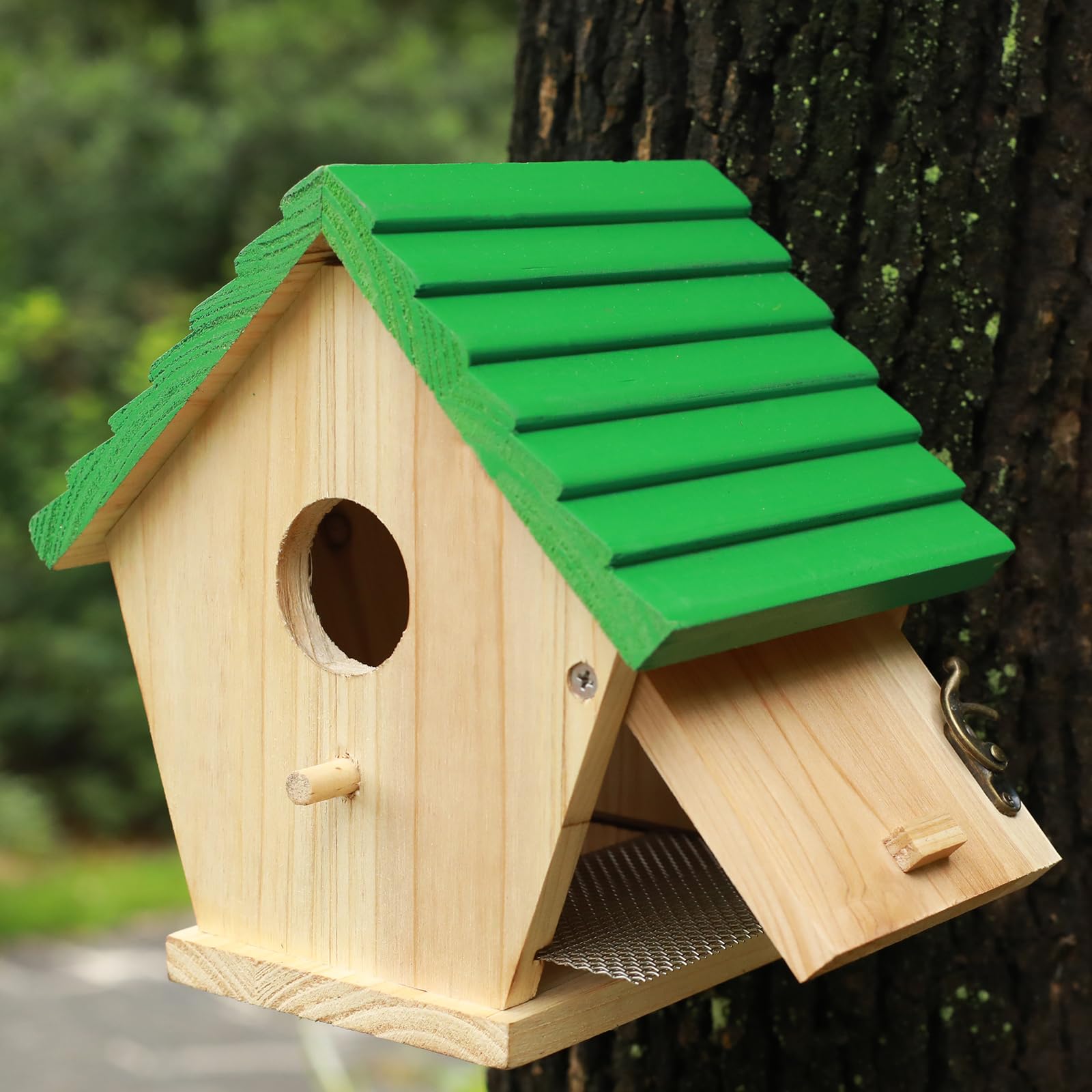 Bluebird House for Outside - Hanging Wooden Birdhouse with Green Top for Cardinals & Wild Birds - Perfect for Garden, Backyard & Outdoor Decor