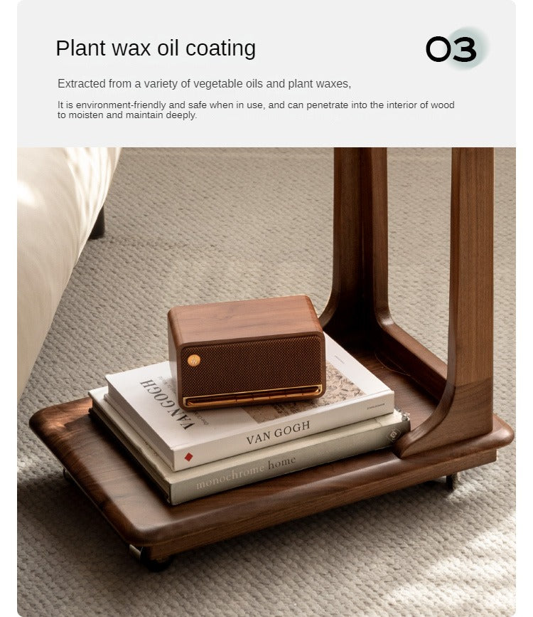 Premium Black Walnut Solid Wood Mobile Side Table - Rolling End Table with Wheels for Living Room, Bedroom, or Office - Natural Wood Nightstand with Storage Shelf
