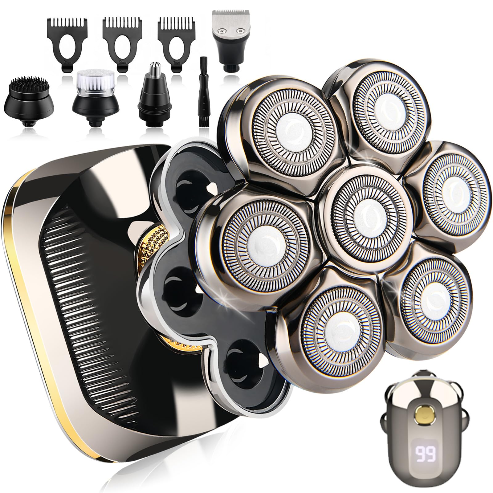 Upgraded 7D Electric Head Shaver for Bald Men - IPX6 Waterproof Wet/Dry Shaving with Nose & Ear Trimmer, LED Display & Anti-Pinch Technology - Perfect for Travel, Gym & Daily Grooming Routine