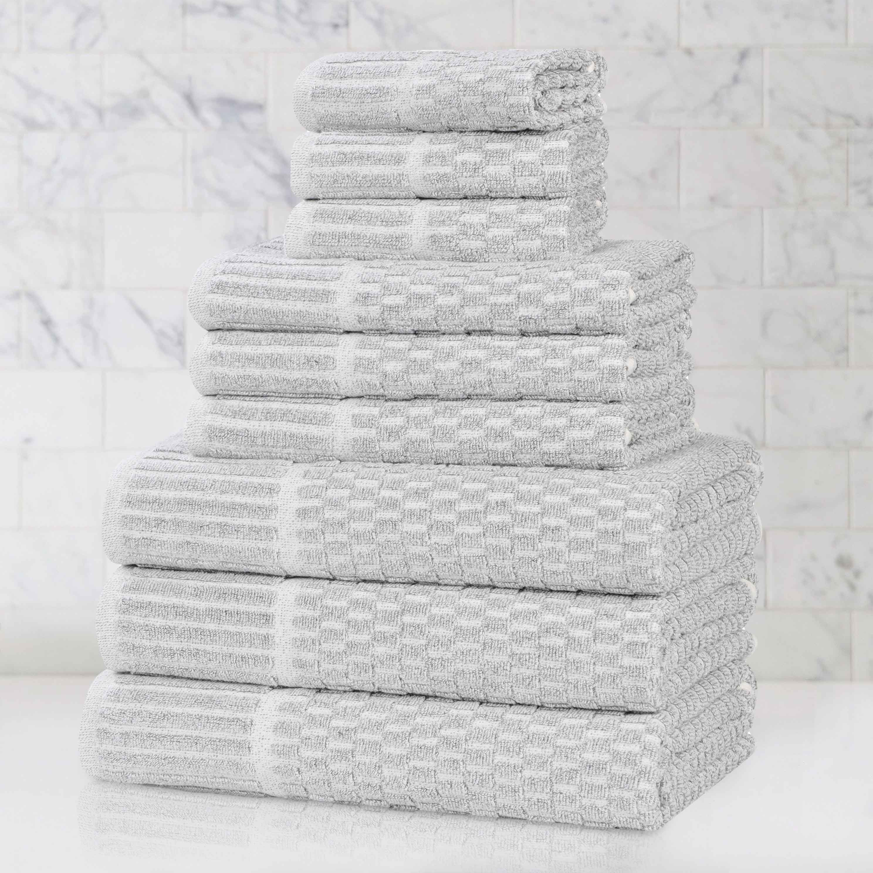 Premium 9-Piece Cotton Blend Checkered Border Towel Set - Medium Weight, Soft & Absorbent for Bathroom, Spa, and Guest Use
