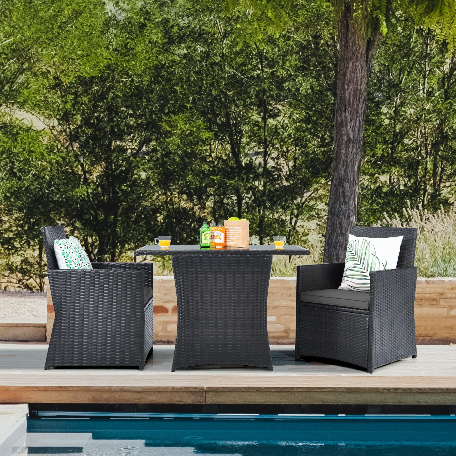HappyGrill 3-Piece Outdoor Wicker Bistro Set - PE Rattan Dining Table with Cushioned Chairs, Patio Conversation Furniture for Backyard, Porch, Garden & Poolside - Perfect for Outdoor Dining & Relaxing