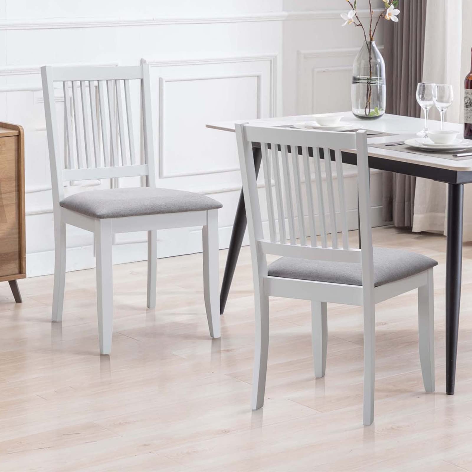 DUHOME 2-Piece Dining Chair Set - Solid Rubber Wood Kitchen Chairs with Comfortable Fabric Seat & Backrest - Armless Modern Dining Room Chairs for Home, Restaurant, Cafe (White) - Perfect for Small Spaces, Breakfast Nooks & Casual Dining Areas
